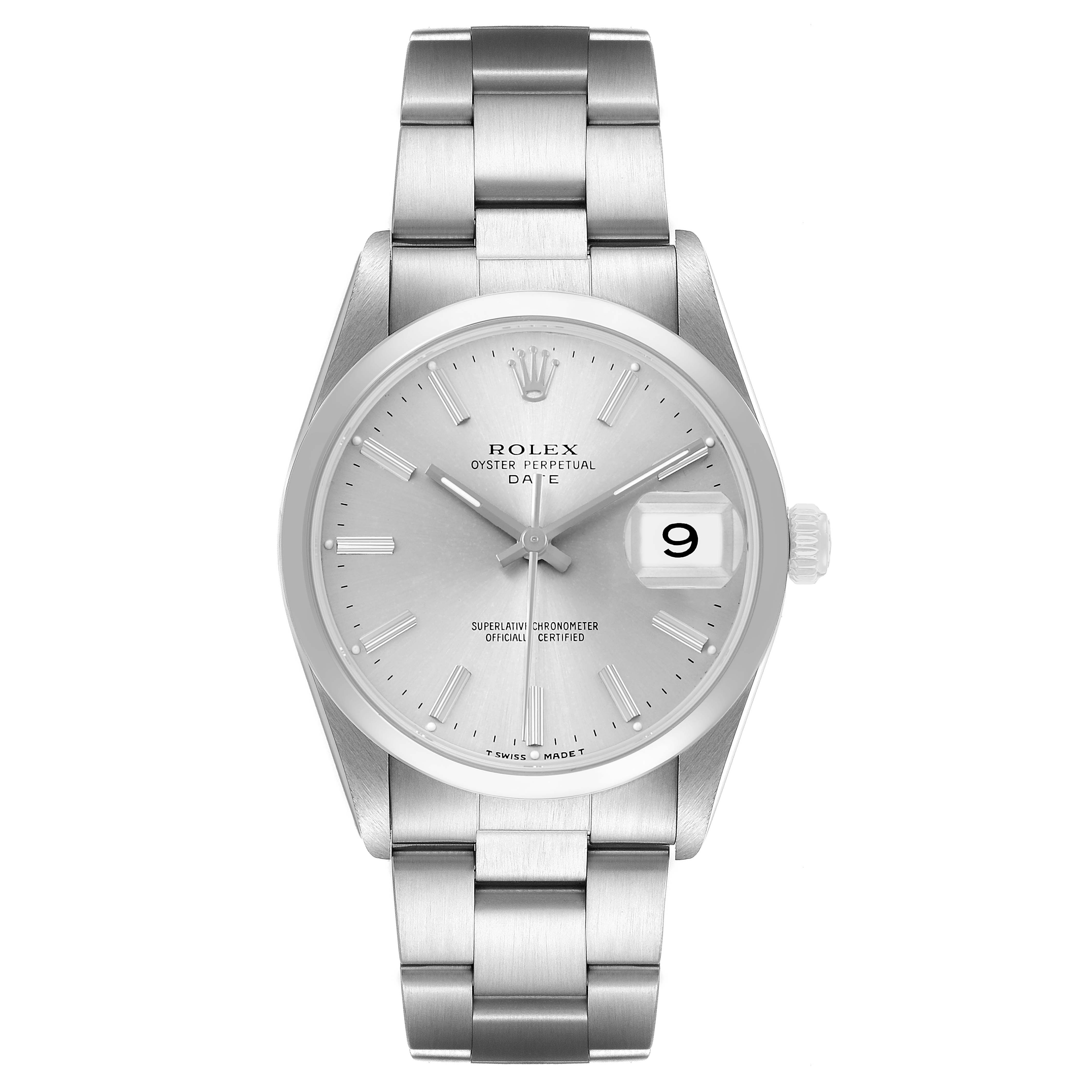 The image shows a front view of the Rolex Date 15200 Men's Stainless Steel Silver Dial model, displaying the dial, hands, bracelet, and date window.