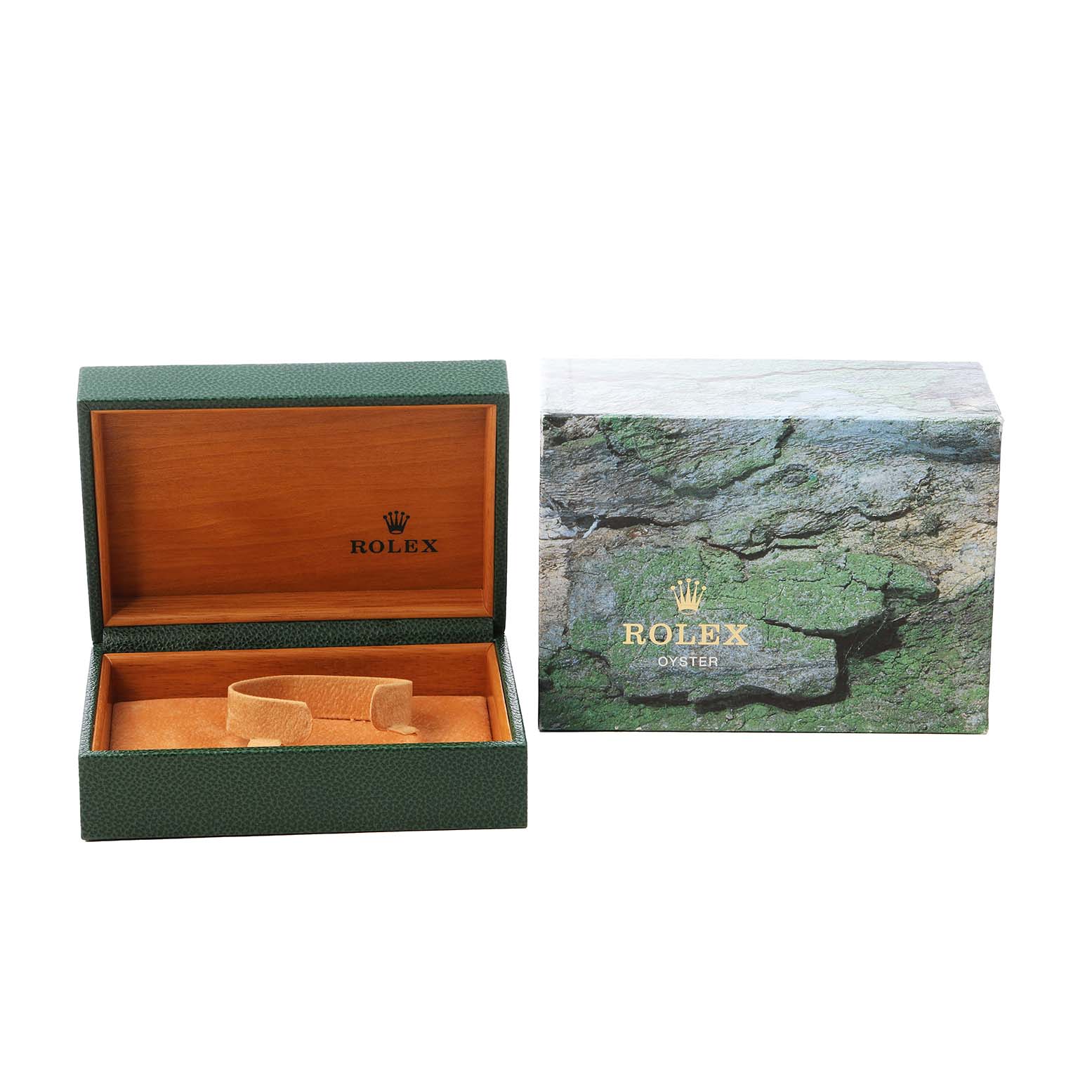 The image shows an open Rolex Date 15200 Men's Stainless Steel Silver Dial watch box with a cushioned watch holder, alongside the outer packaging.