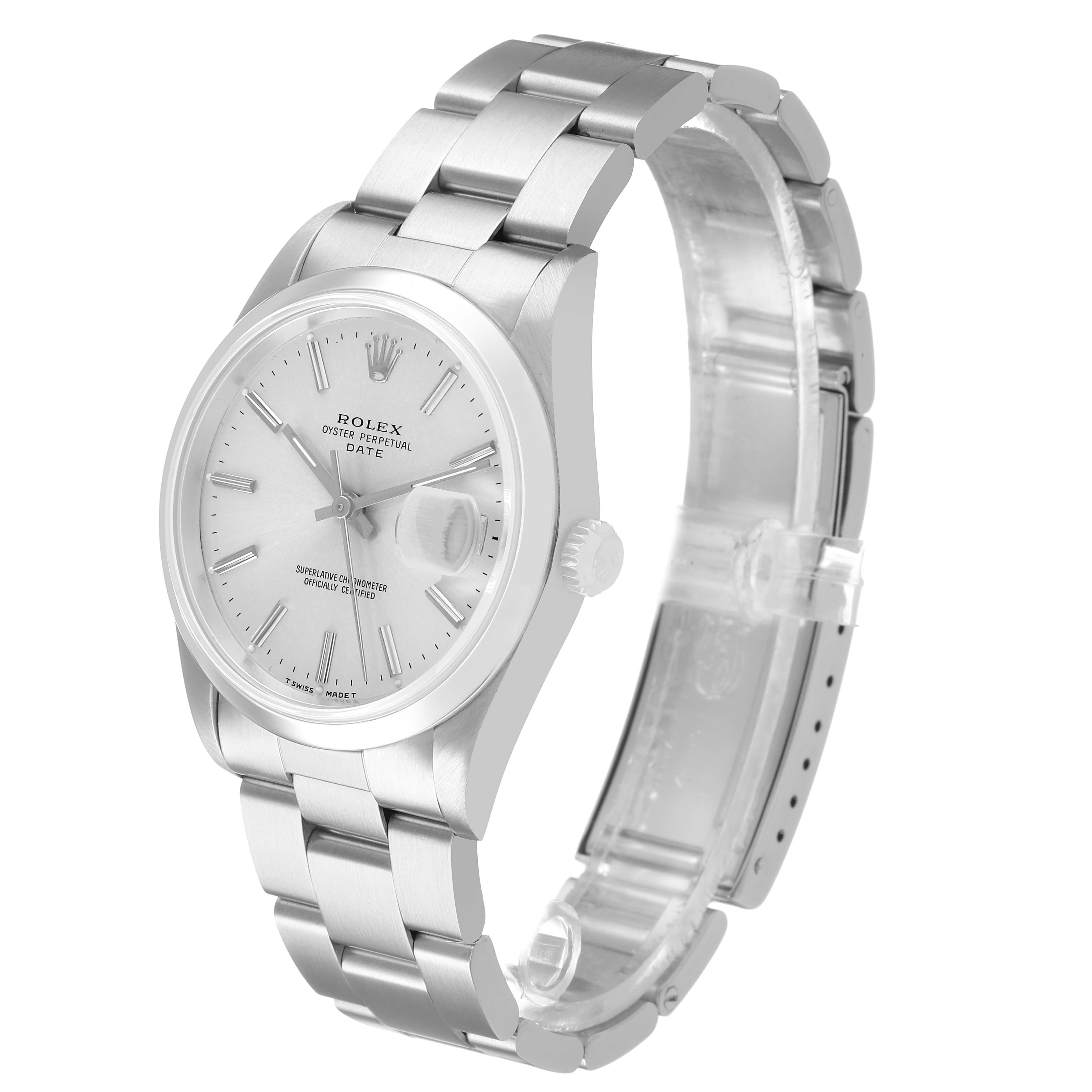 The Rolex Date 15200 Men's Stainless Steel Silver Dial watch is shown from a three-quarter side angle, highlighting the dial, bezel, crown, and bracelet.