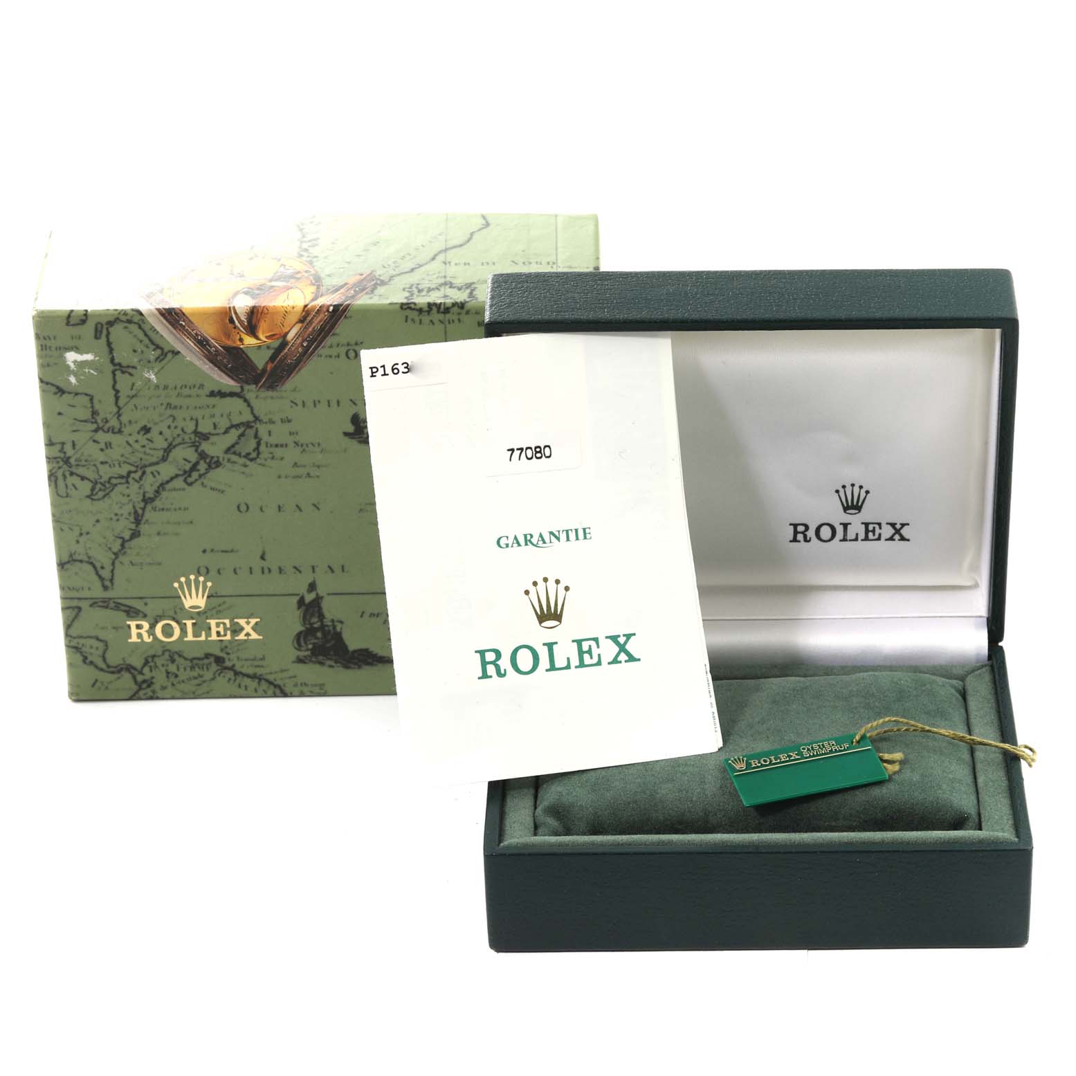 The image shows a Rolex Mid-Size 77080 Women's Stainless Steel Black Dial 77080 Women's Stainless Steel Black Dial watch box, warranty booklet, and hang tag, all in original packaging.