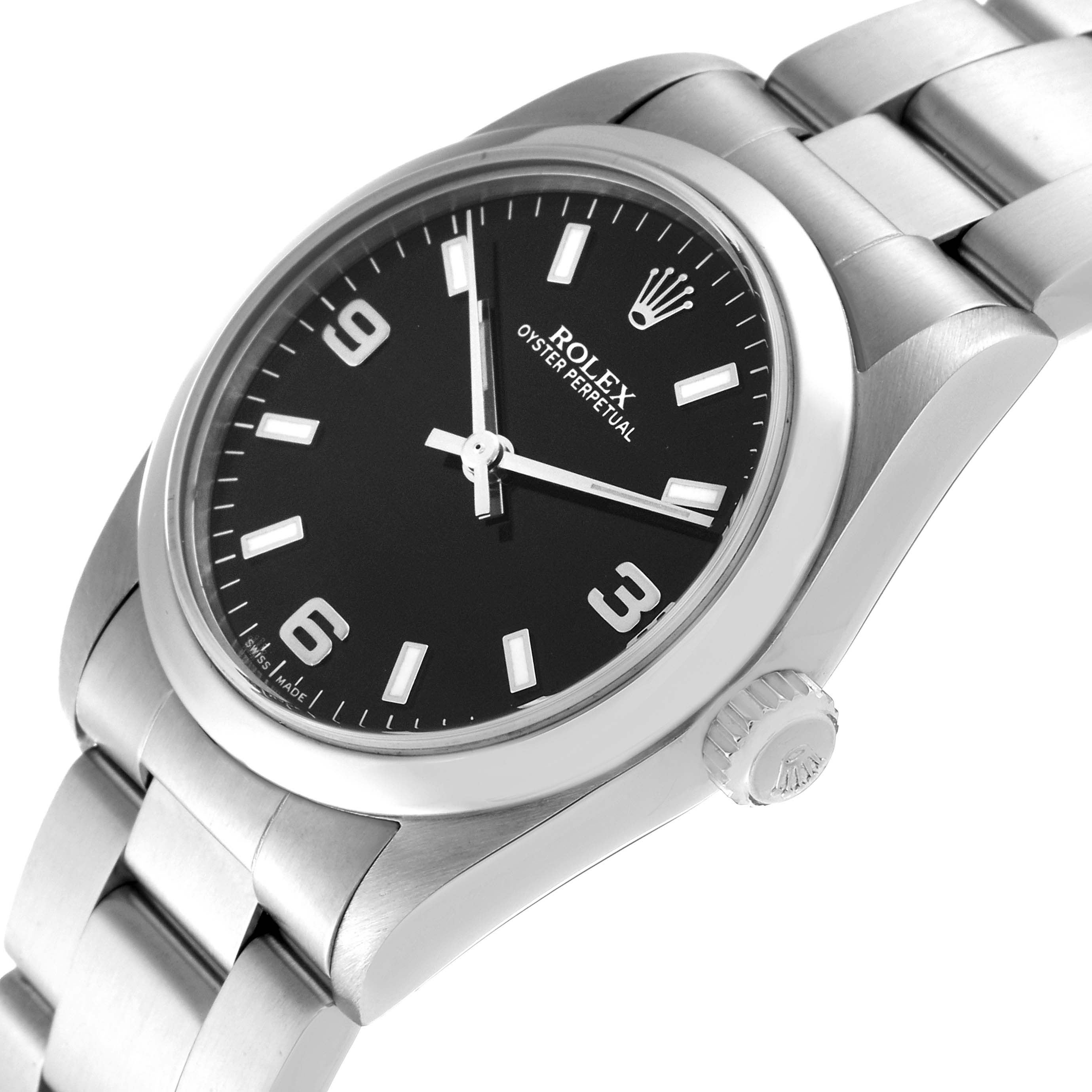 The image shows a Rolex Mid-Size 77080 Women's Stainless Steel Black Dial 77080 Women's Stainless Steel Black Dial Oyster Perpetual watch at an angle highlighting the dial, bezel, crown, and part of the bracelet.