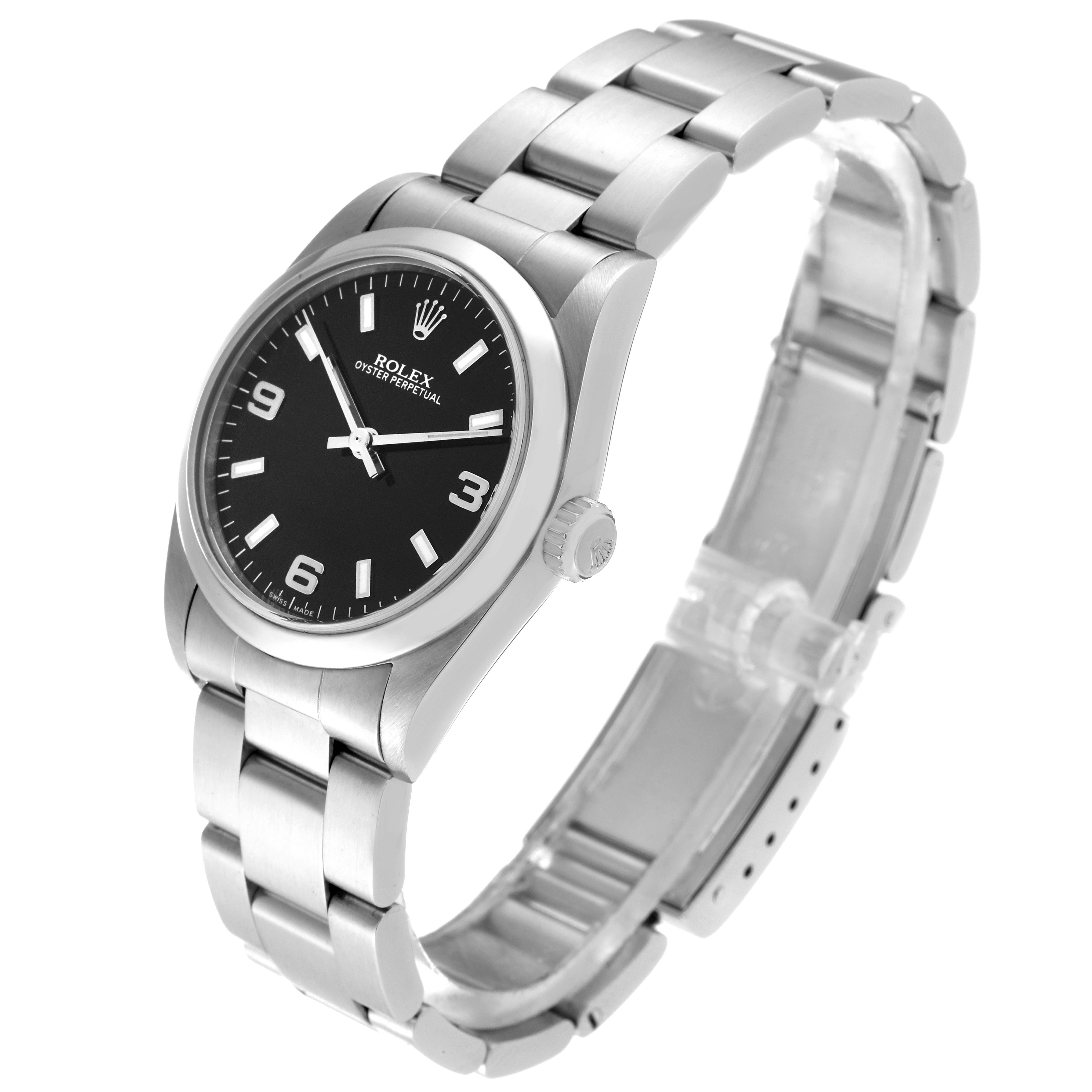 This image shows a side angle of a Rolex Mid-Size 77080 Women's Stainless Steel Black Dial 77080 Women's Stainless Steel Black Dial watch displaying the face, crown, and bracelet.