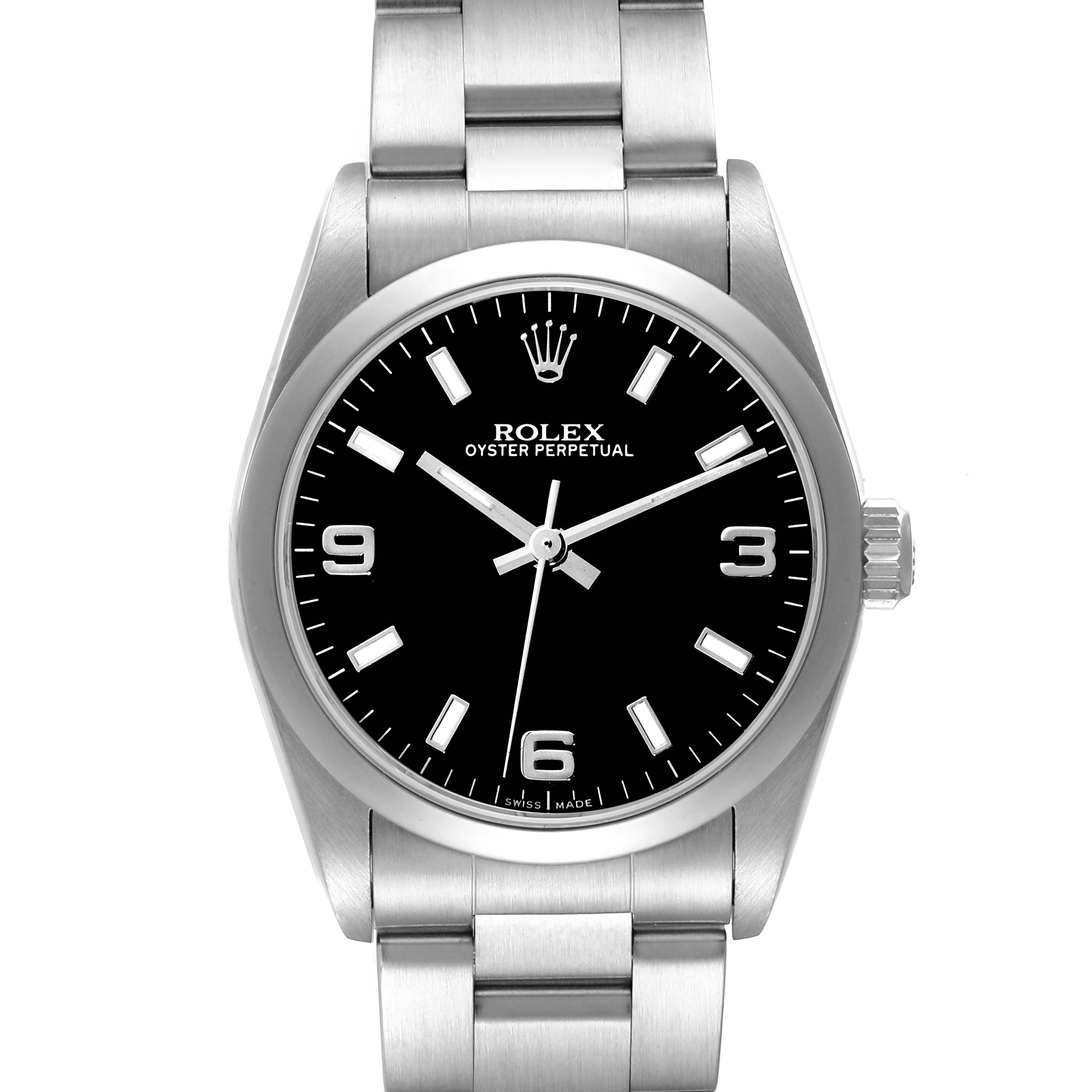 This image shows a front view of a Rolex Oyster Perpetual Mid-Size watch, displaying the face, bezel, and bracelet.