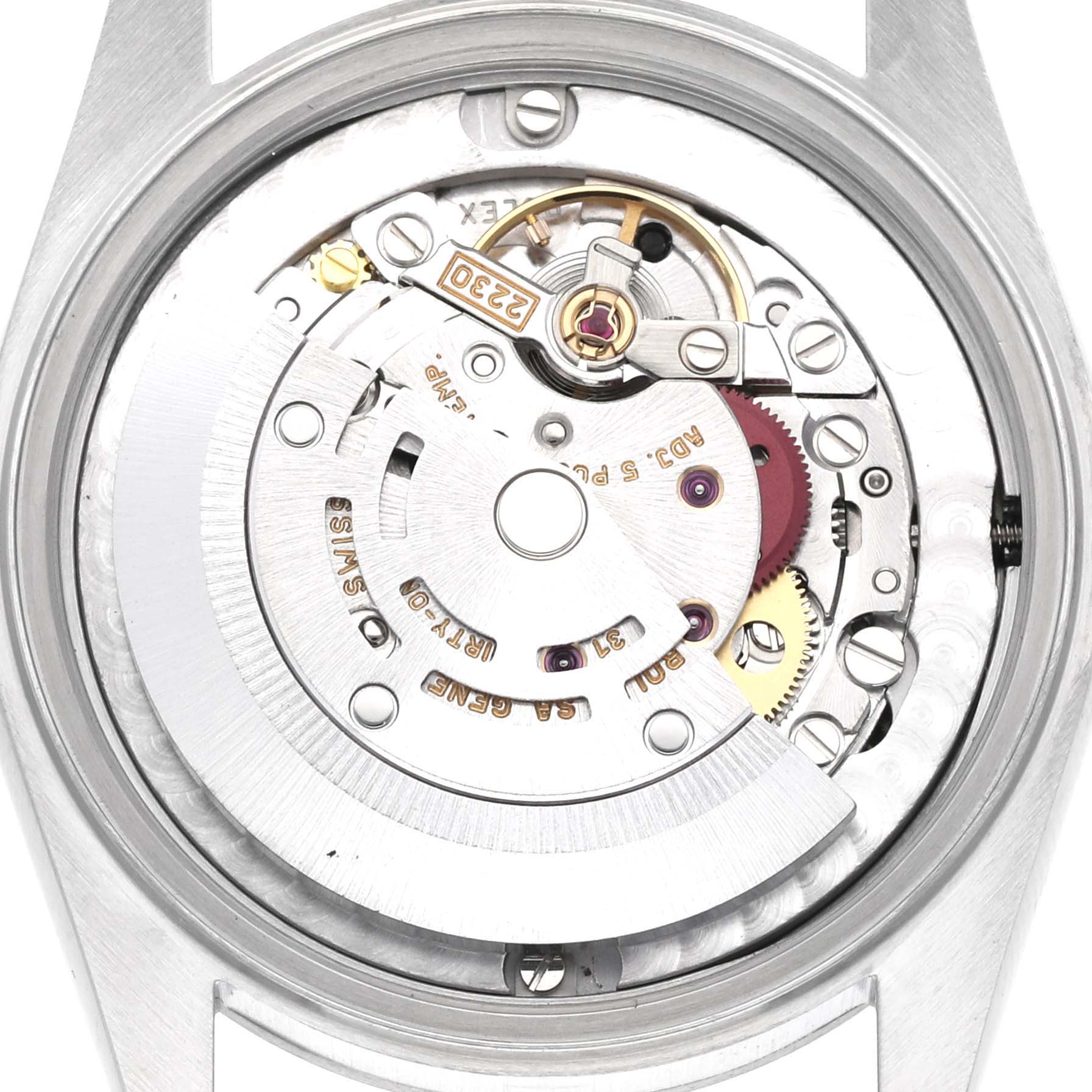 This image shows the internal movement of a Rolex Mid-Size 77080 Women's Stainless Steel Black Dial 77080 Women's Stainless Steel Black Dial watch viewed from a straight back angle.