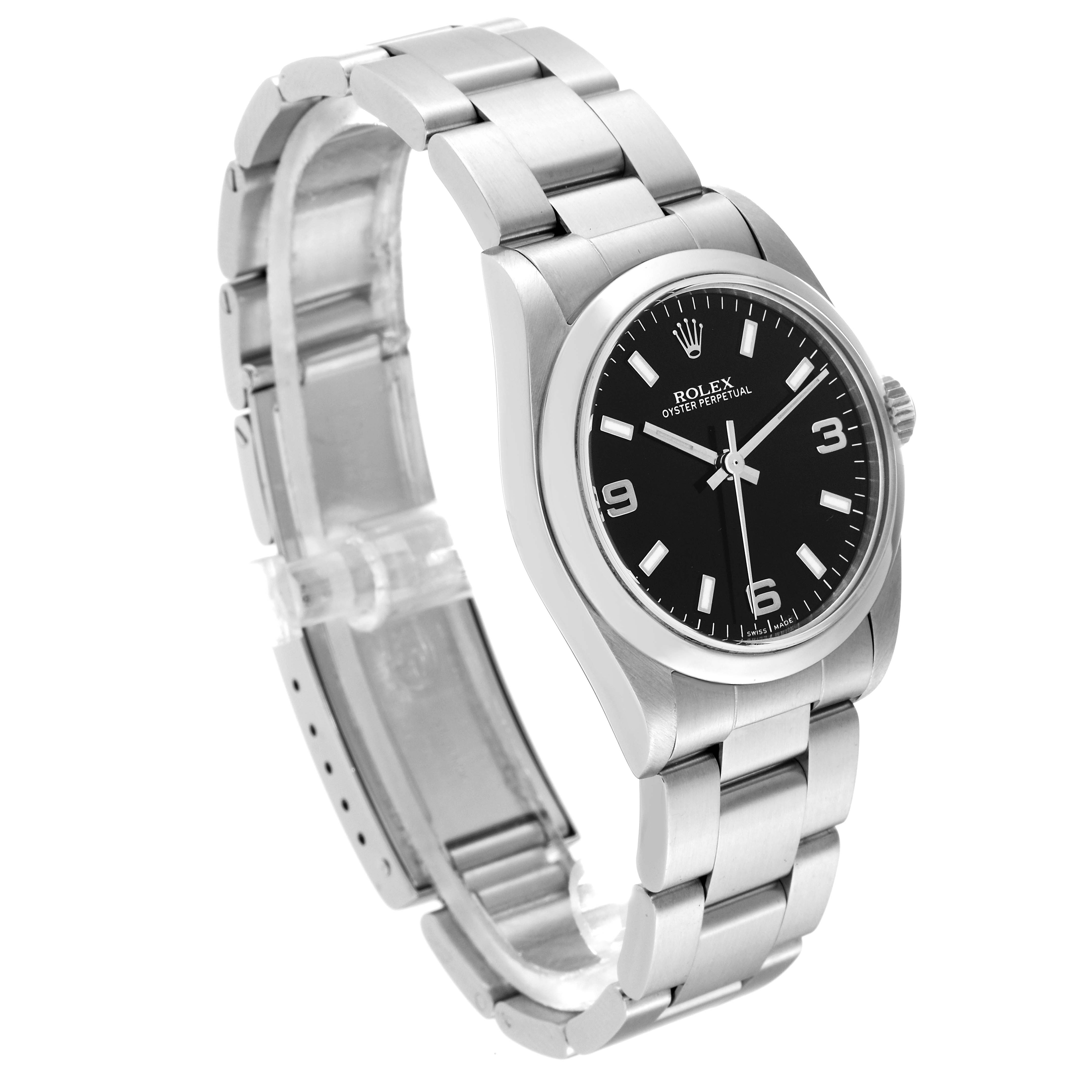 This image shows a side angle view of a Mid-Size Rolex Oyster Perpetual watch, highlighting its black dial and stainless steel bracelet.