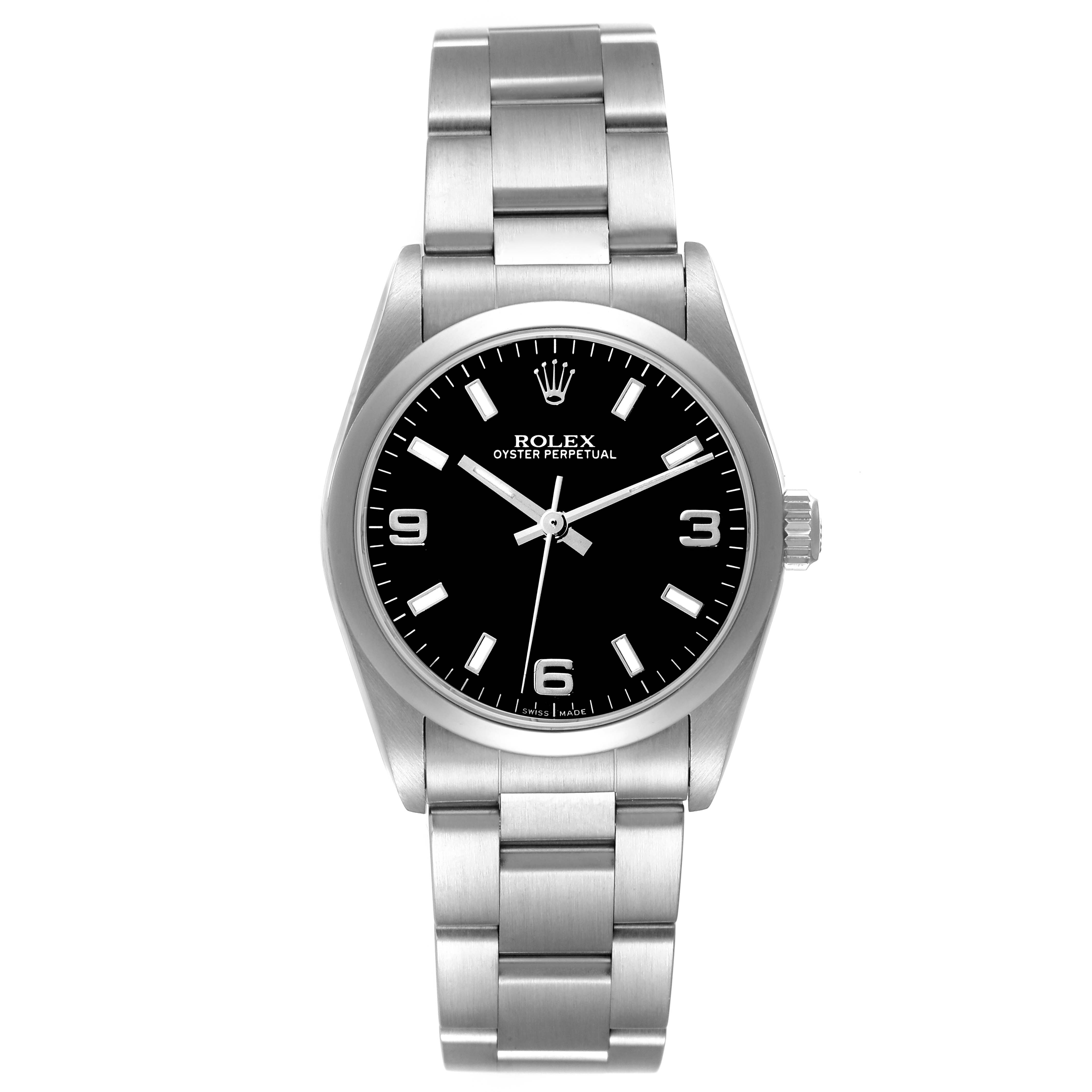 This image shows a front angle view of a Rolex Mid-Size 77080 Women's Stainless Steel Black Dial 77080 Women's Stainless Steel Black Dial Oyster Perpetual watch, displaying its black dial and stainless steel bracelet.