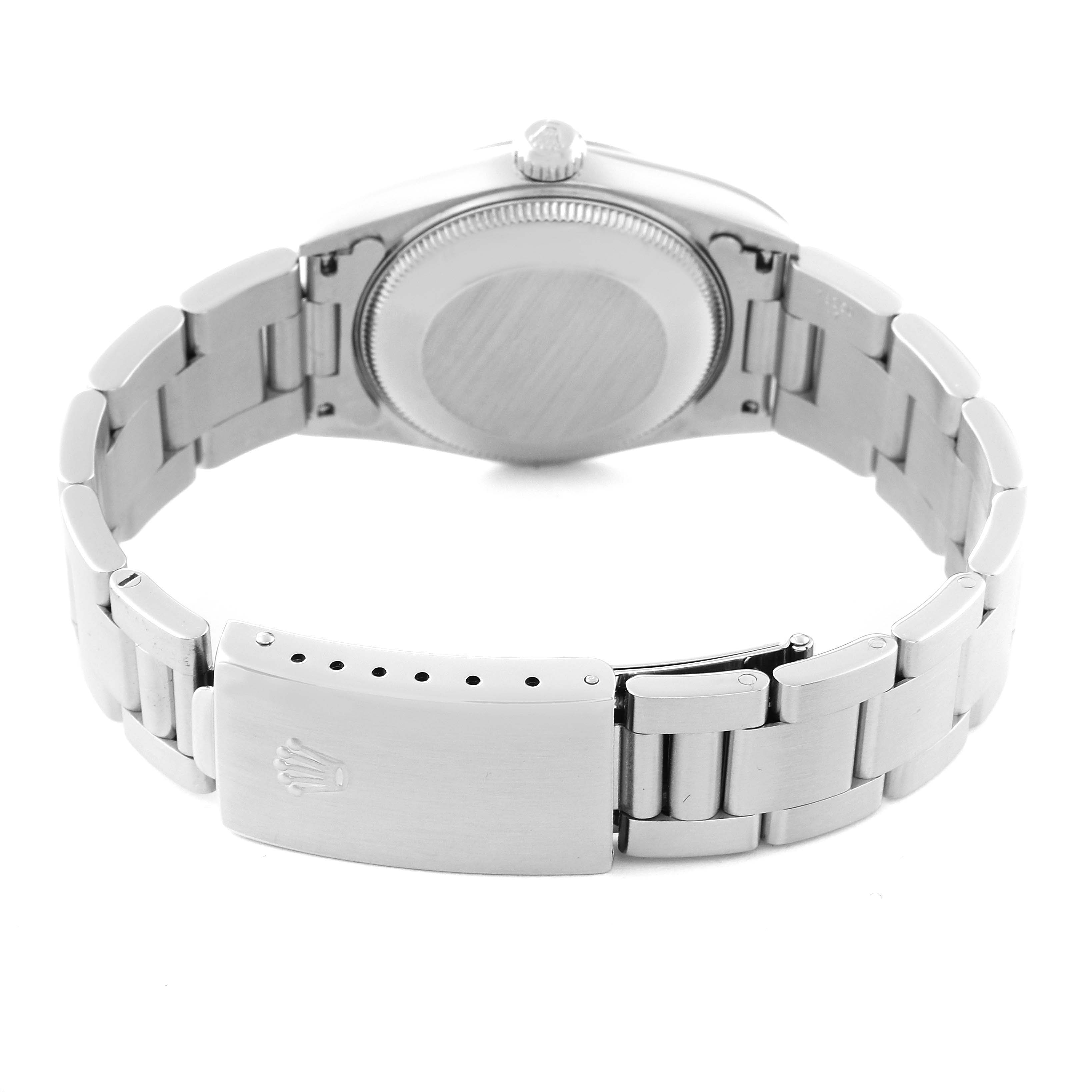 The image shows the back view of the Rolex Mid-Size 77080 Women's Stainless Steel Black Dial 77080 Women's Stainless Steel Black Dial model, focusing on the bracelet, clasp, and watch case back.