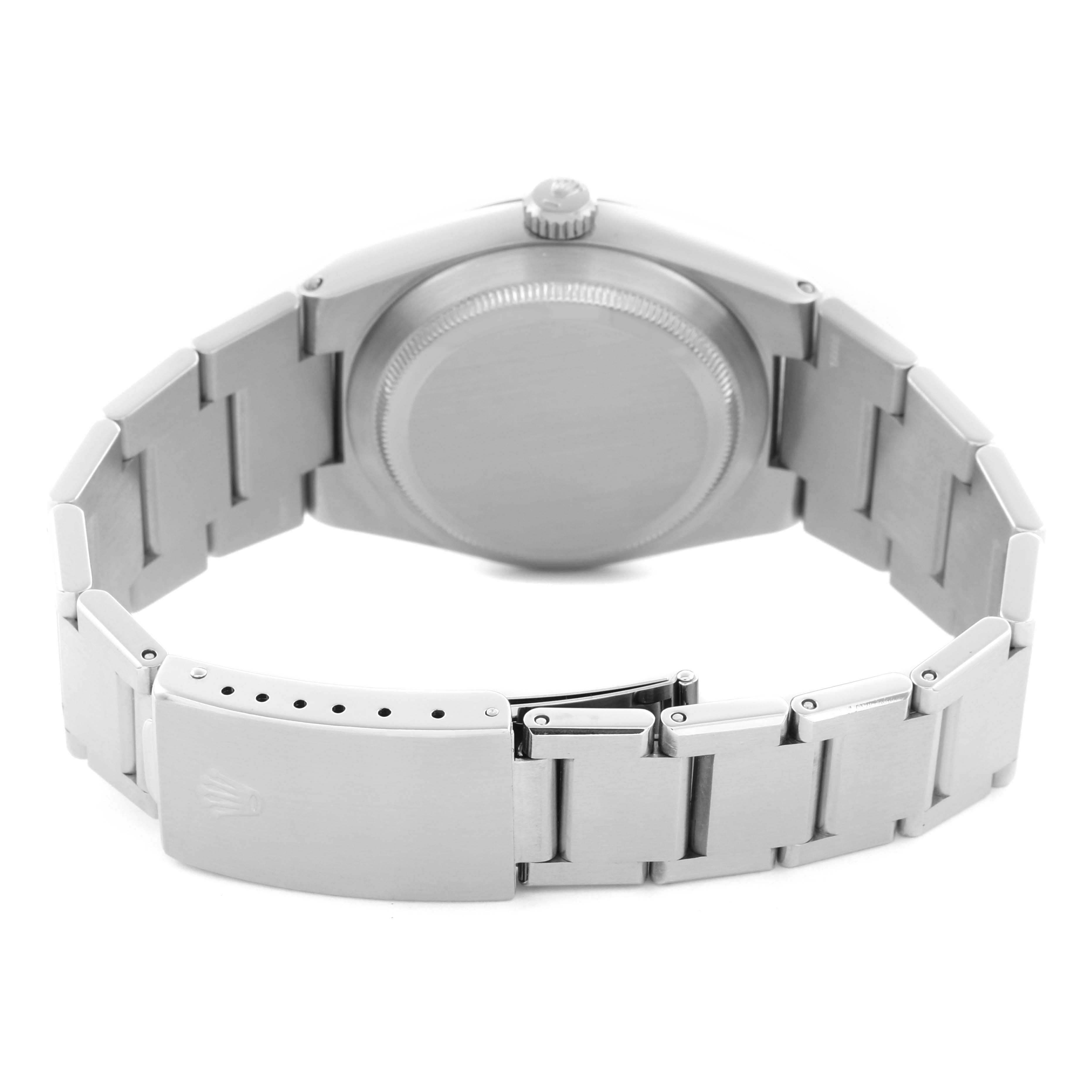 The image shows the back and bracelet of a Rolex Oysterquartz 17000 Men's Stainless Steel White Dial 17000 Men's Stainless Steel White Dial watch, highlighting the clasp and case back from a rear angle.
