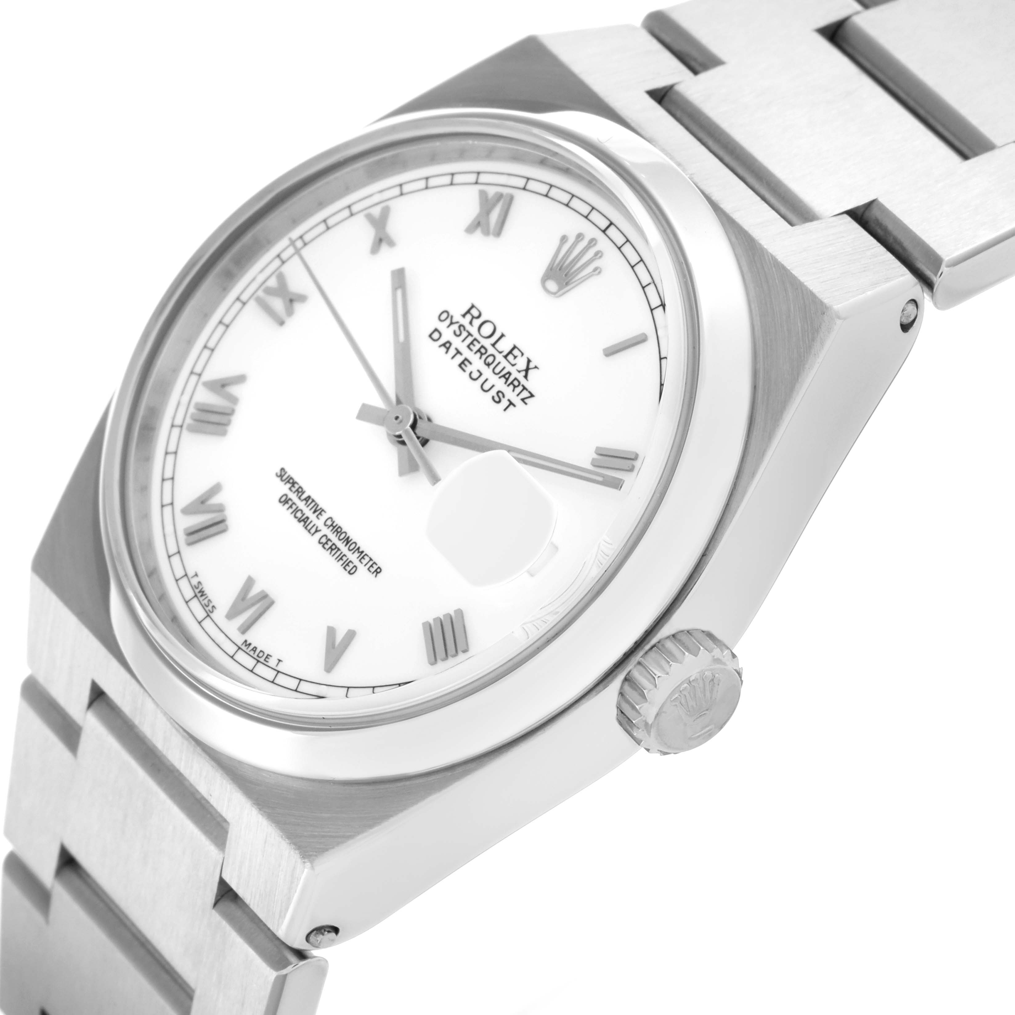 The Rolex Oysterquartz 17000 Men's Stainless Steel White Dial 17000 Men's Stainless Steel White Dial watch is shown at an angled side view, displaying the dial, crown, and part of the bracelet.