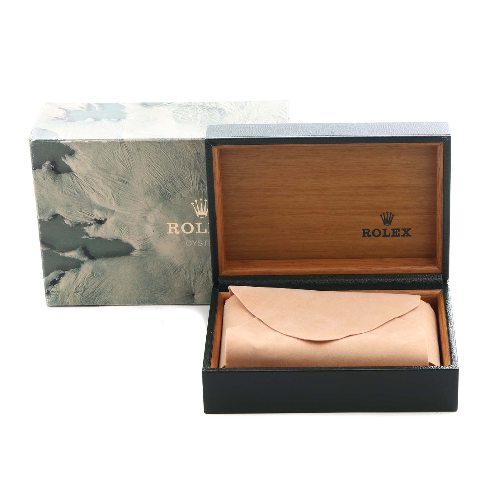 The image shows an open Rolex Oysterquartz 17000 Men's Stainless Steel White Dial 17000 Men's Stainless Steel White Dial watch box with a protective pouch inside and an outer cardboard box.