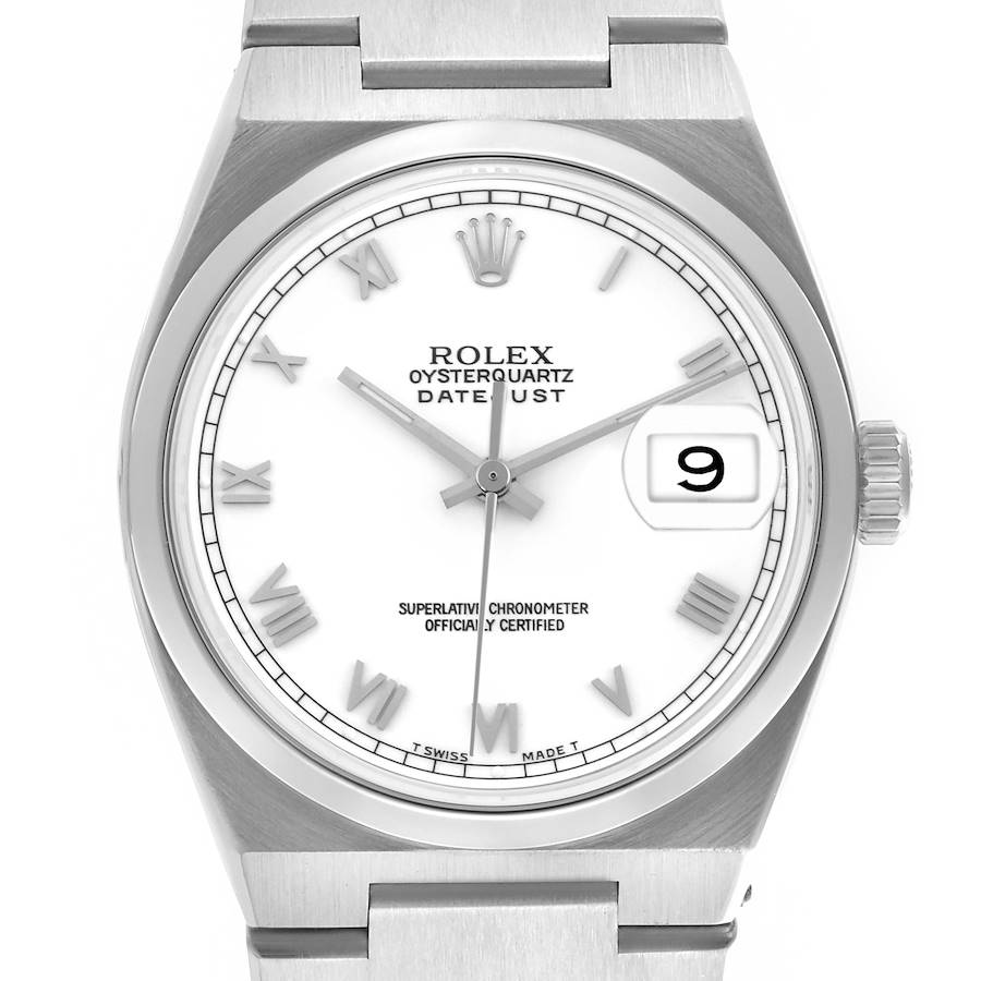 The Rolex Oysterquartz watch is shown from a front angle, displaying the face, bezel, bracelet, and date window.