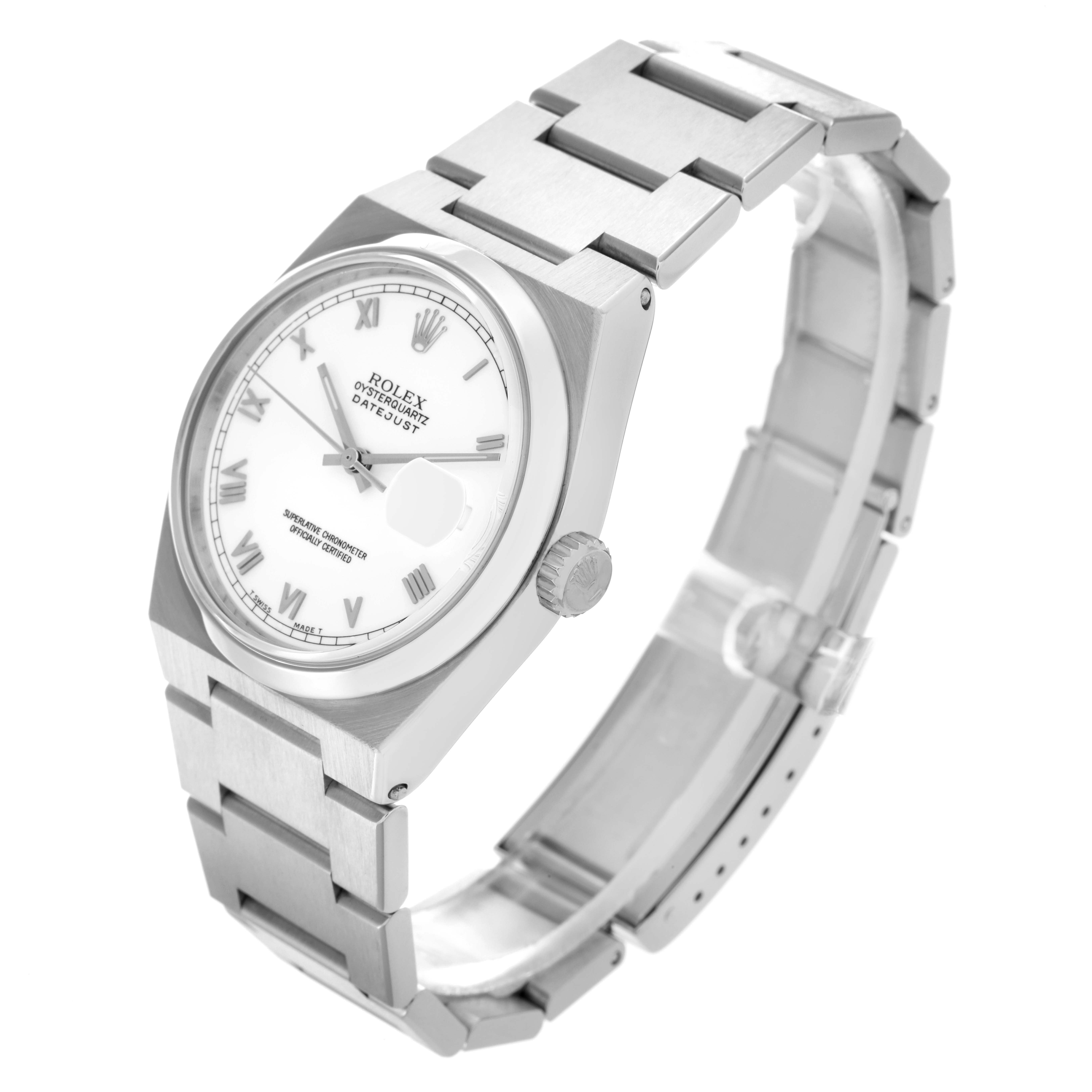 The Rolex Oysterquartz 17000 Men's Stainless Steel White Dial 17000 Men's Stainless Steel White Dial watch is shown at a three-quarter angle, highlighting its face, crown, and metal bracelet.