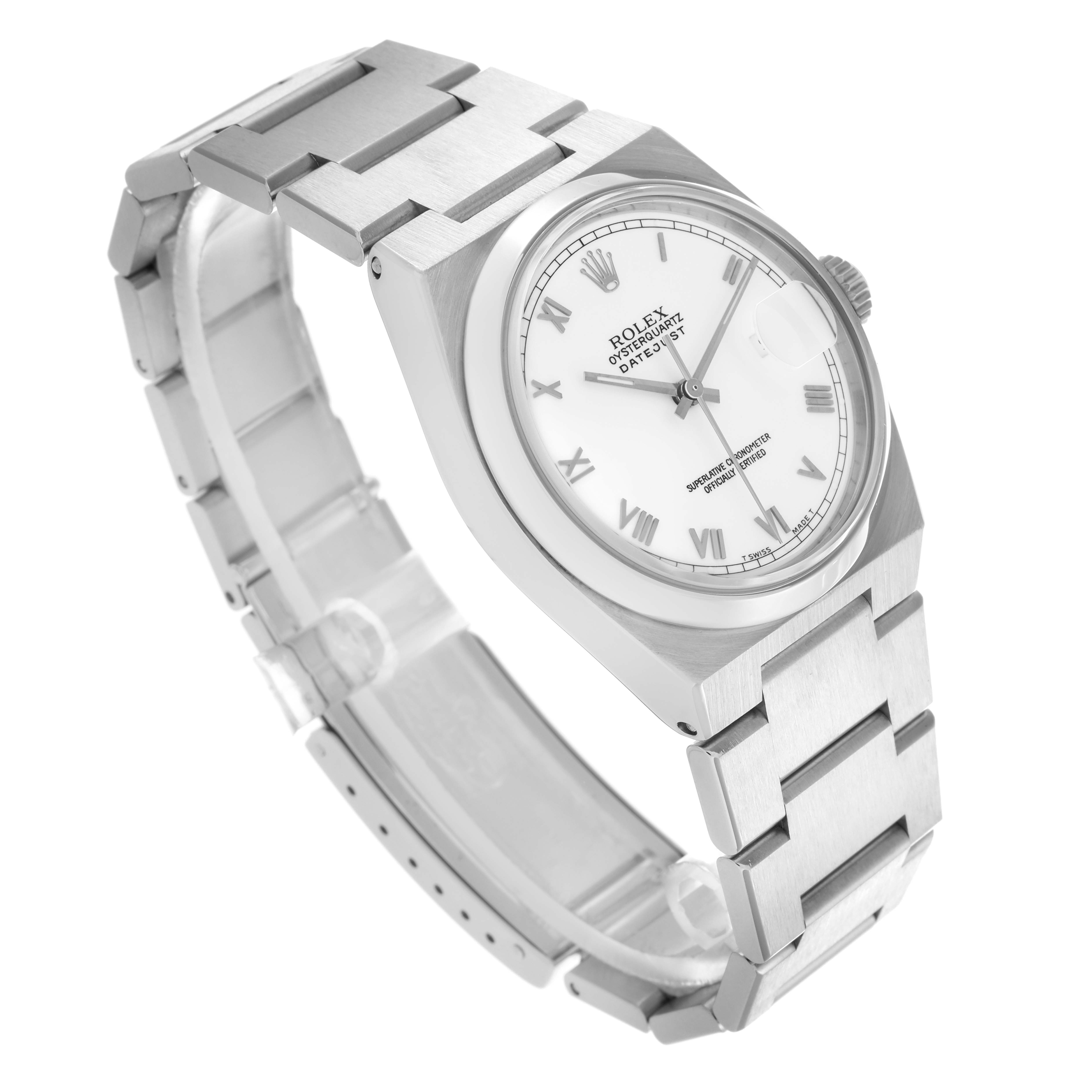 The Rolex Oysterquartz 17000 Men's Stainless Steel White Dial 17000 Men's Stainless Steel White Dial watch is shown at an angled side view, highlighting its bracelet, case, and dial with Roman numerals.