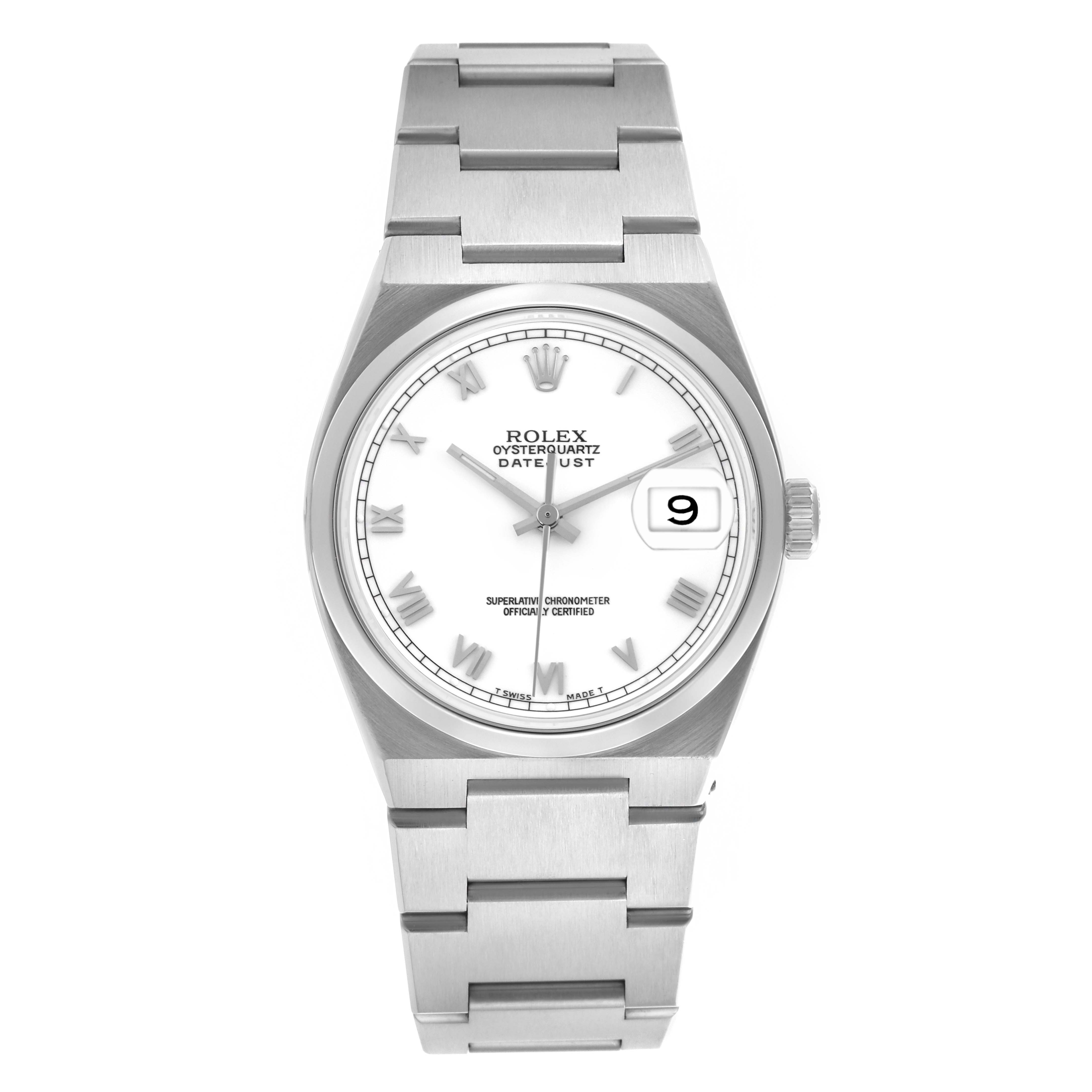 The image shows a Rolex Oysterquartz 17000 Men's Stainless Steel White Dial 17000 Men's Stainless Steel White Dial watch from a front angle, displaying the entire face, bracelet, and crown.