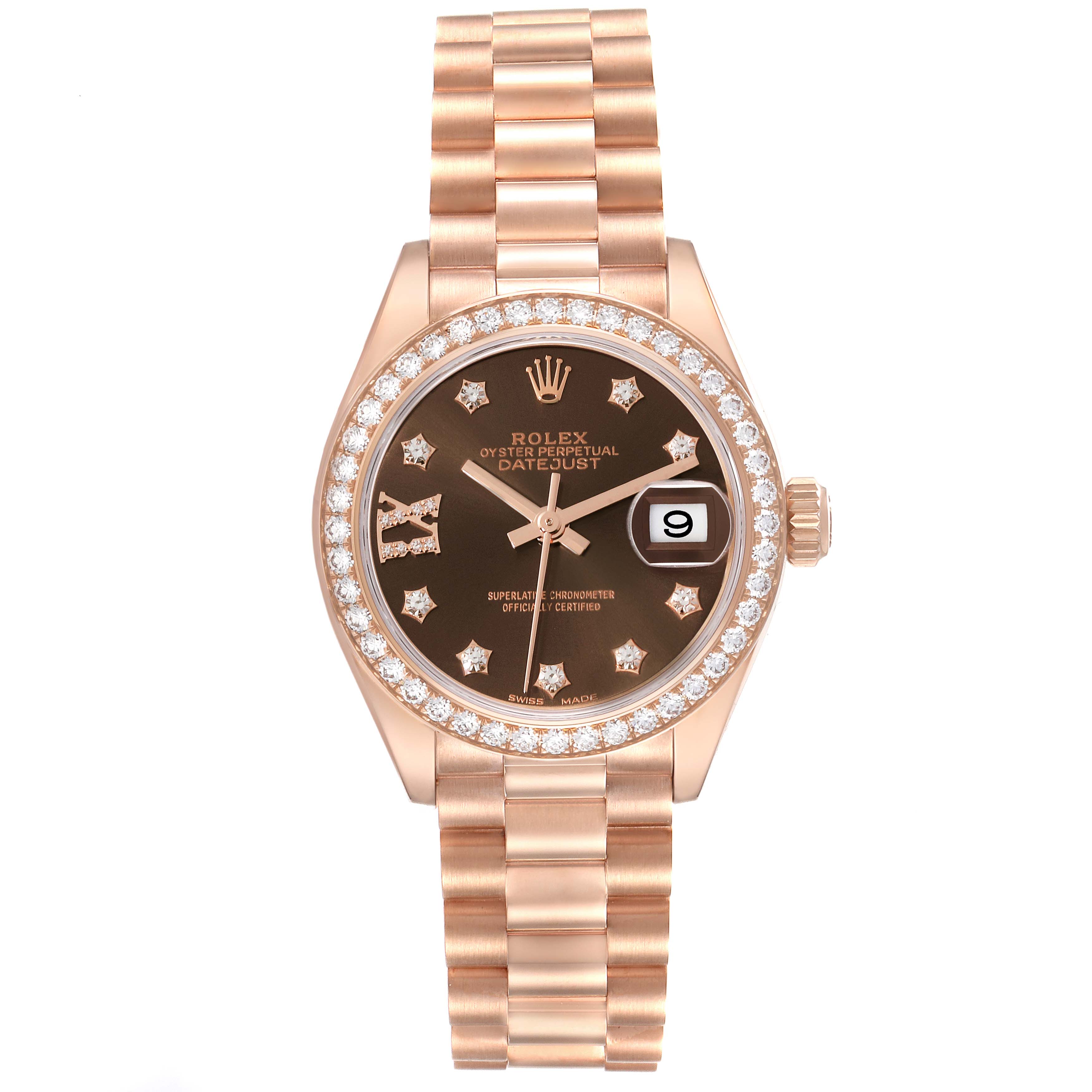 The Rolex President 279135RBR Women's Rose Gold Brown Dial 279135RBR Women's Rose Gold Brown Dial model is shown from a front angle, displaying the dial, bezel, bracelet, and crown.