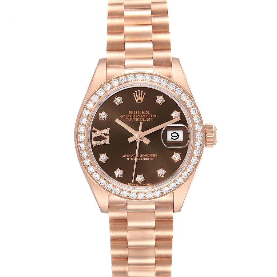 The Rolex President model is shown from a top-down angle, displaying the face, bracelet, and bezel.