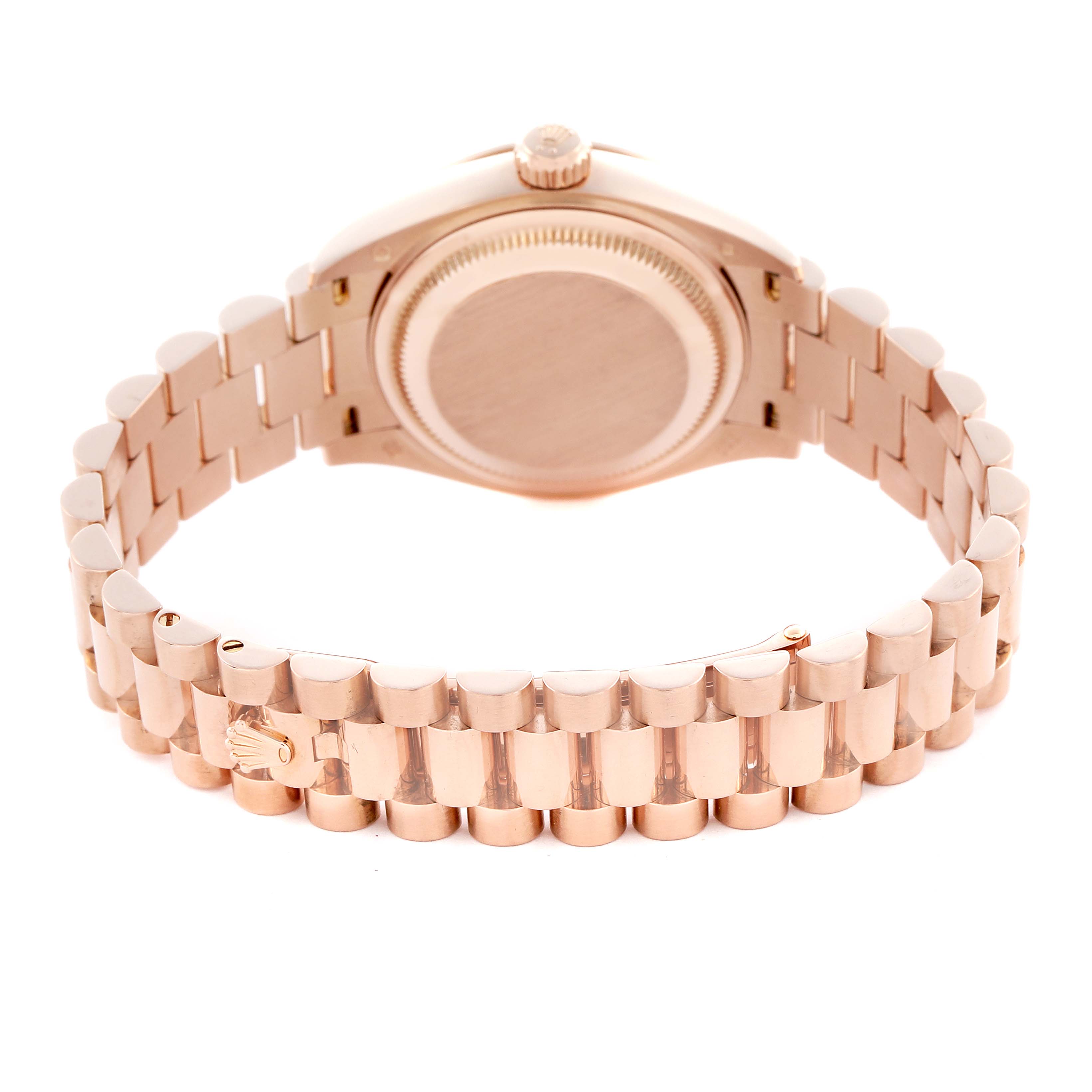 The image shows the back and bracelet of a Rolex President 279135RBR Women's Rose Gold Brown Dial 279135RBR Women's Rose Gold Brown Dial model, focusing on the case back and clasp.