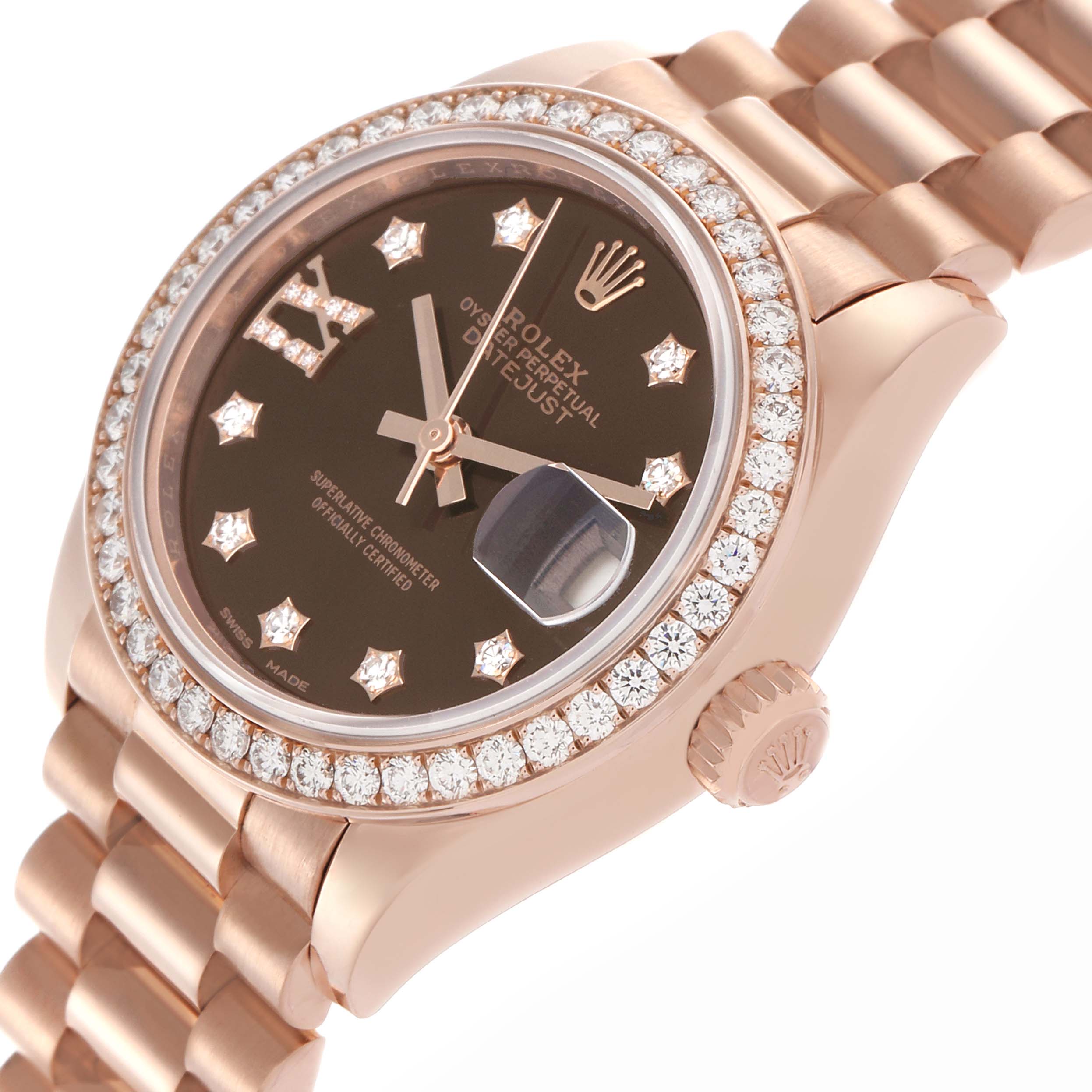 The Rolex President 279135RBR Women's Rose Gold Brown Dial 279135RBR Women's Rose Gold Brown Dial model is shown at an angle highlighting the dial, diamond bezel, crown, and part of the bracelet.