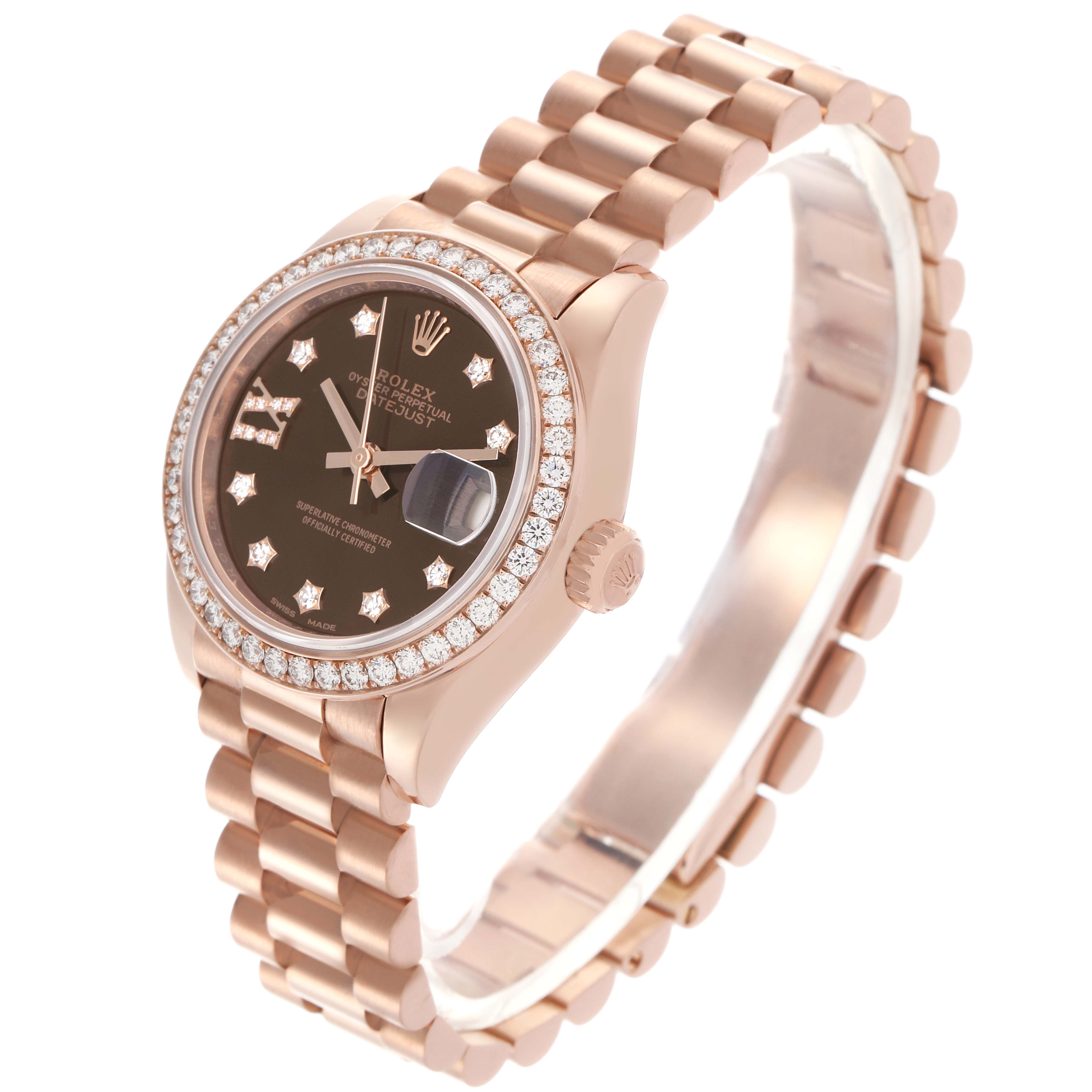 The Rolex President 279135RBR Women's Rose Gold Brown Dial 279135RBR Women's Rose Gold Brown Dial model watch is shown at an angle highlighting the dial, bezel, crown, and bracelet.