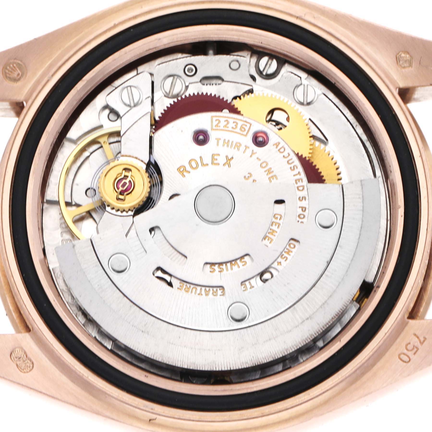 The image shows the movement of a Rolex President 279135RBR Women's Rose Gold Brown Dial 279135RBR Women's Rose Gold Brown Dial watch from the back, revealing the intricate internal components.