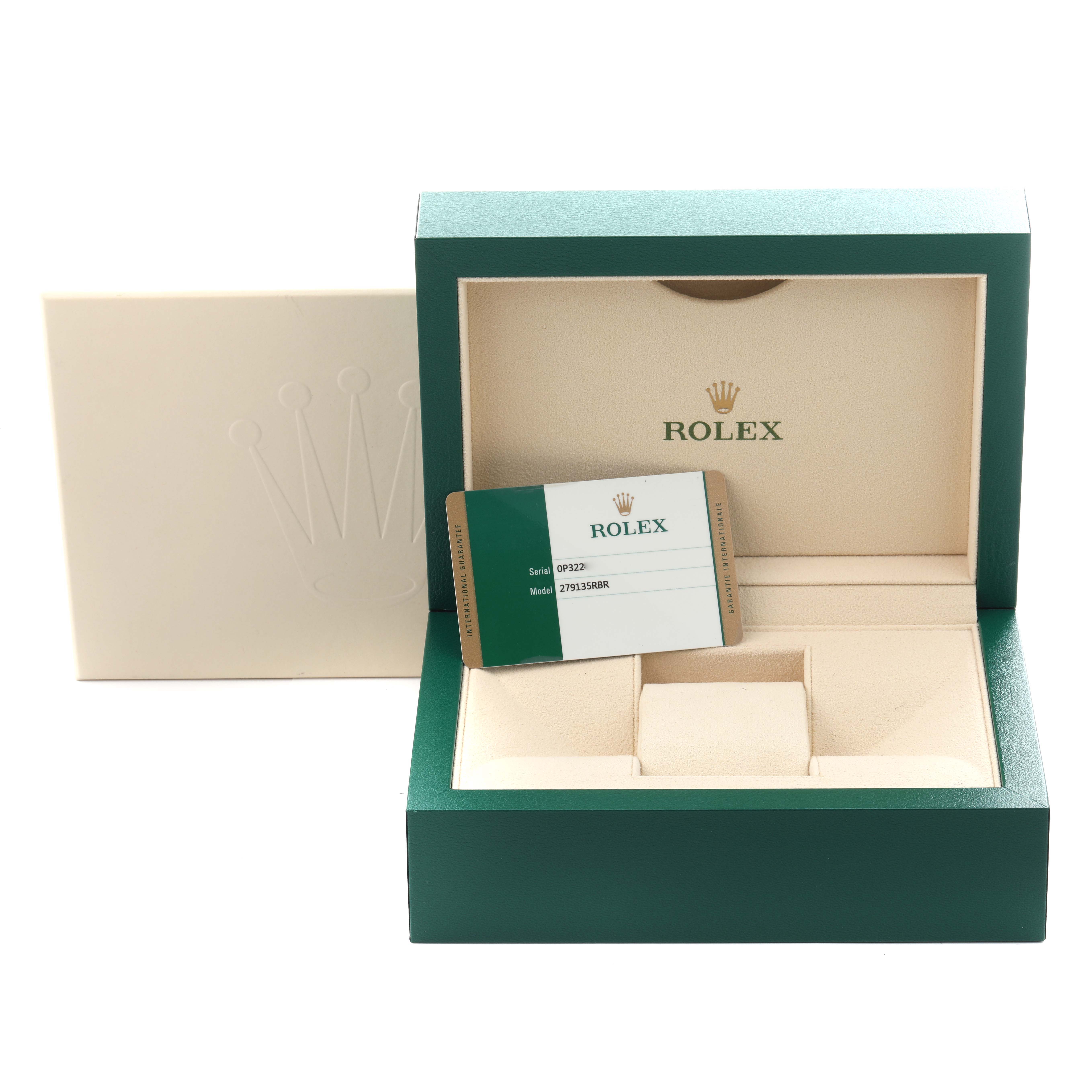 The image shows the open box for a Rolex President 279135RBR Women's Rose Gold Brown Dial 279135RBR Women's Rose Gold Brown Dial model, revealing the interior and an authenticity card.