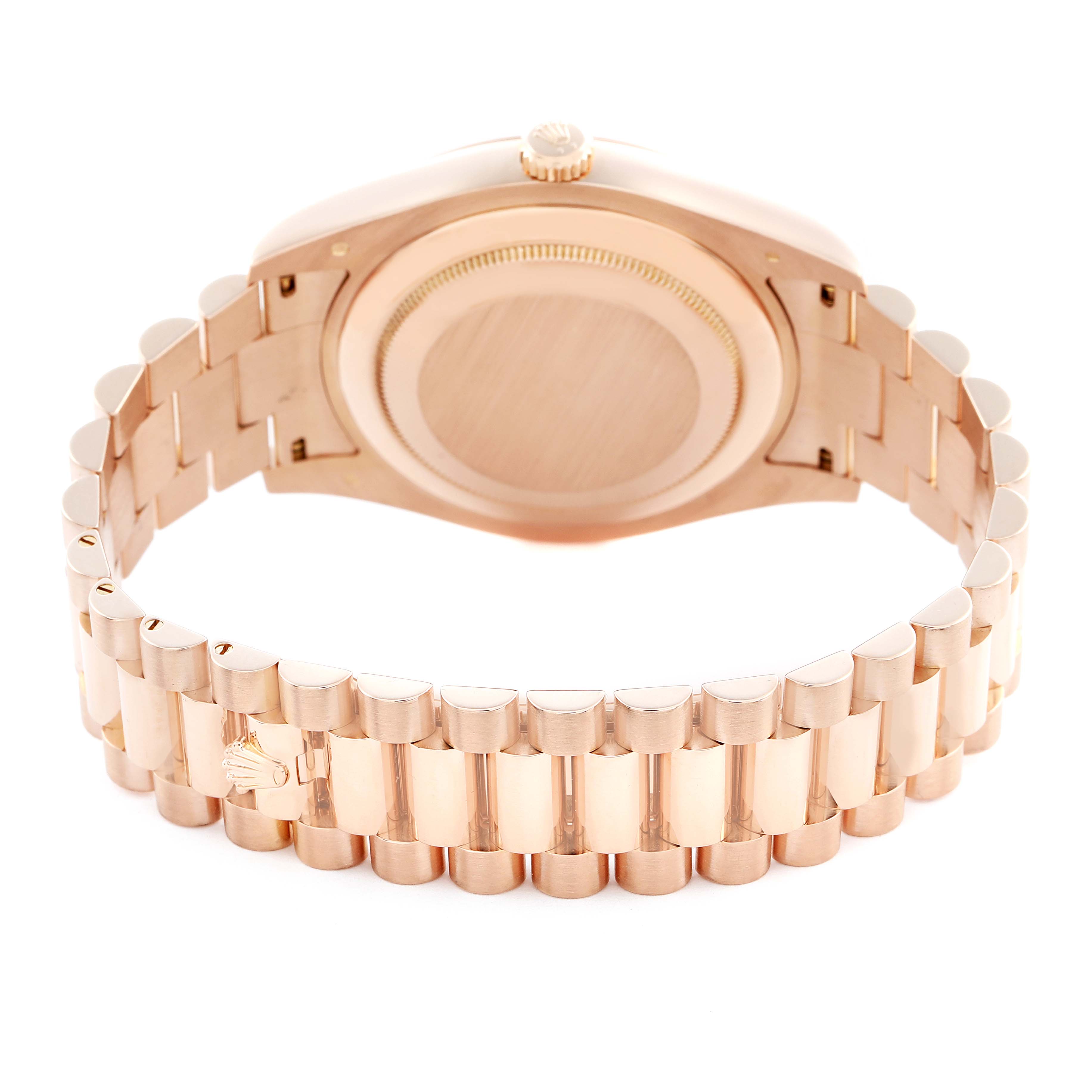 The image shows the back of a Rolex President 218235 Men's Rose Gold Pink Dial 218235 Men's Rose Gold Pink Dial model watch, highlighting its bracelet and case back from a rear angle.