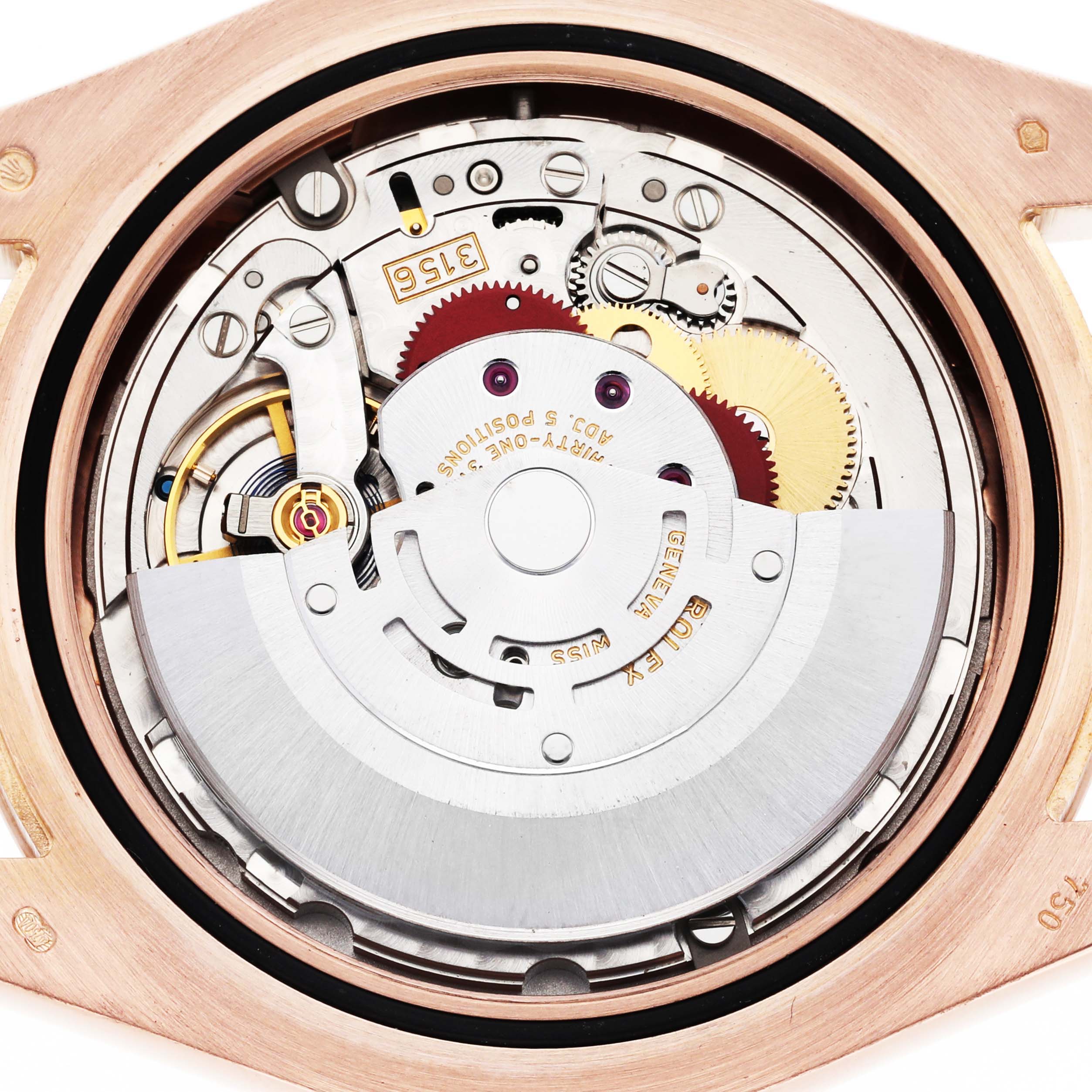 The image shows the movement mechanism of a Rolex President 218235 Men's Rose Gold Pink Dial 218235 Men's Rose Gold Pink Dial watch viewed from the back, highlighting gears and rotors.