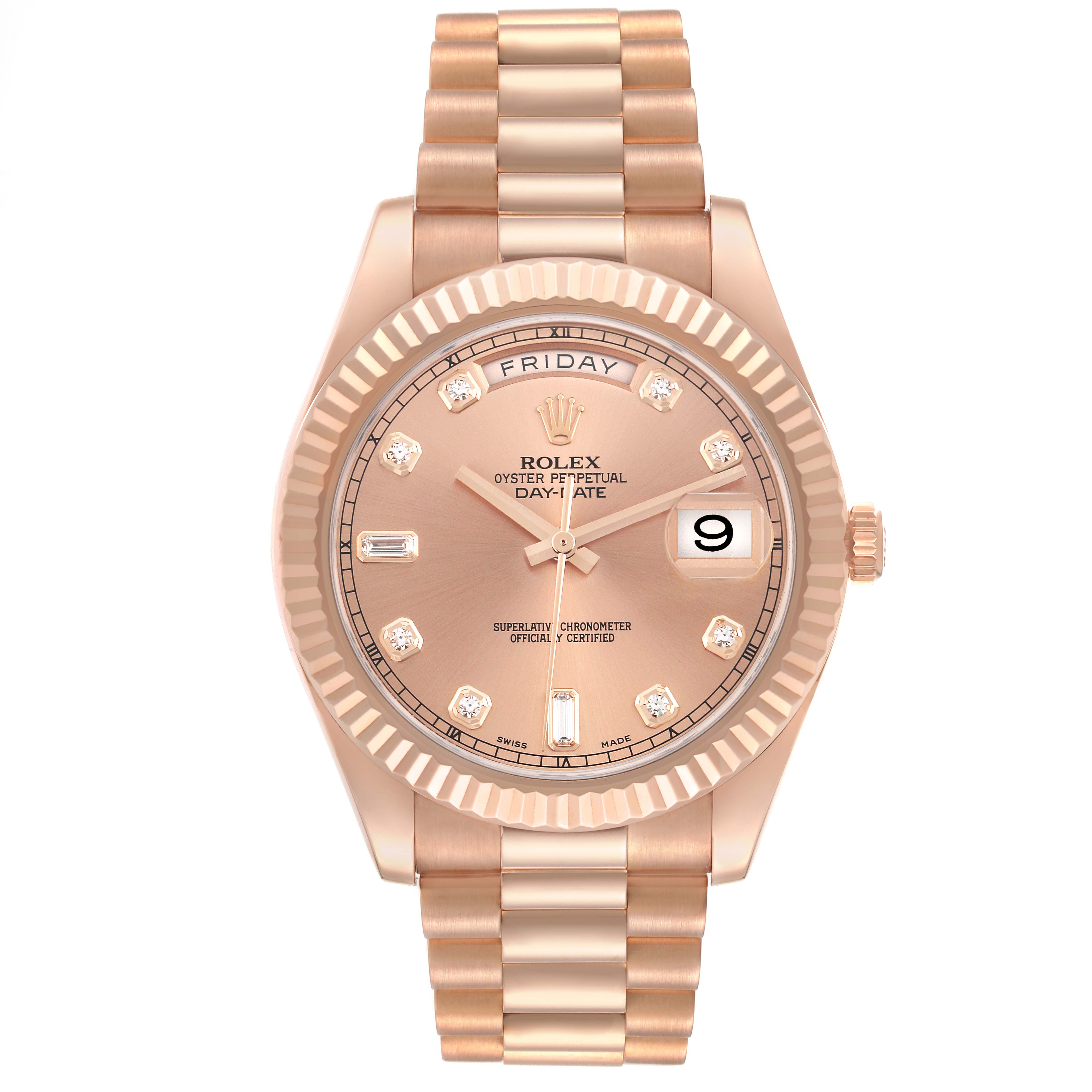 The Rolex President 218235 Men's Rose Gold Pink Dial 218235 Men's Rose Gold Pink Dial watch is shown from the front, displaying the dial, bezel, and bracelet clearly.