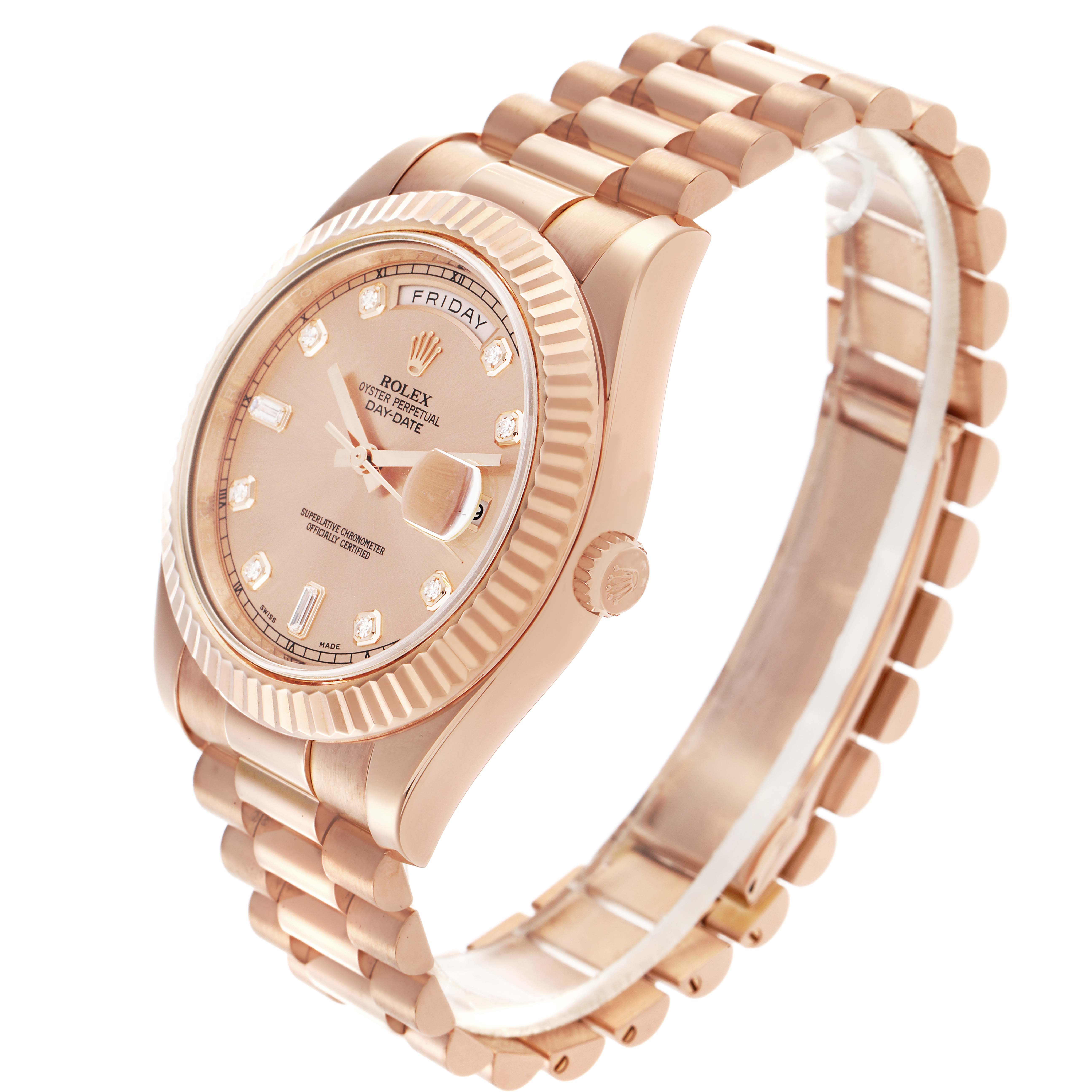 The Rolex President 218235 Men's Rose Gold Pink Dial 218235 Men's Rose Gold Pink Dial model is shown at an angled view highlighting the face, bezel, crown, and bracelet.