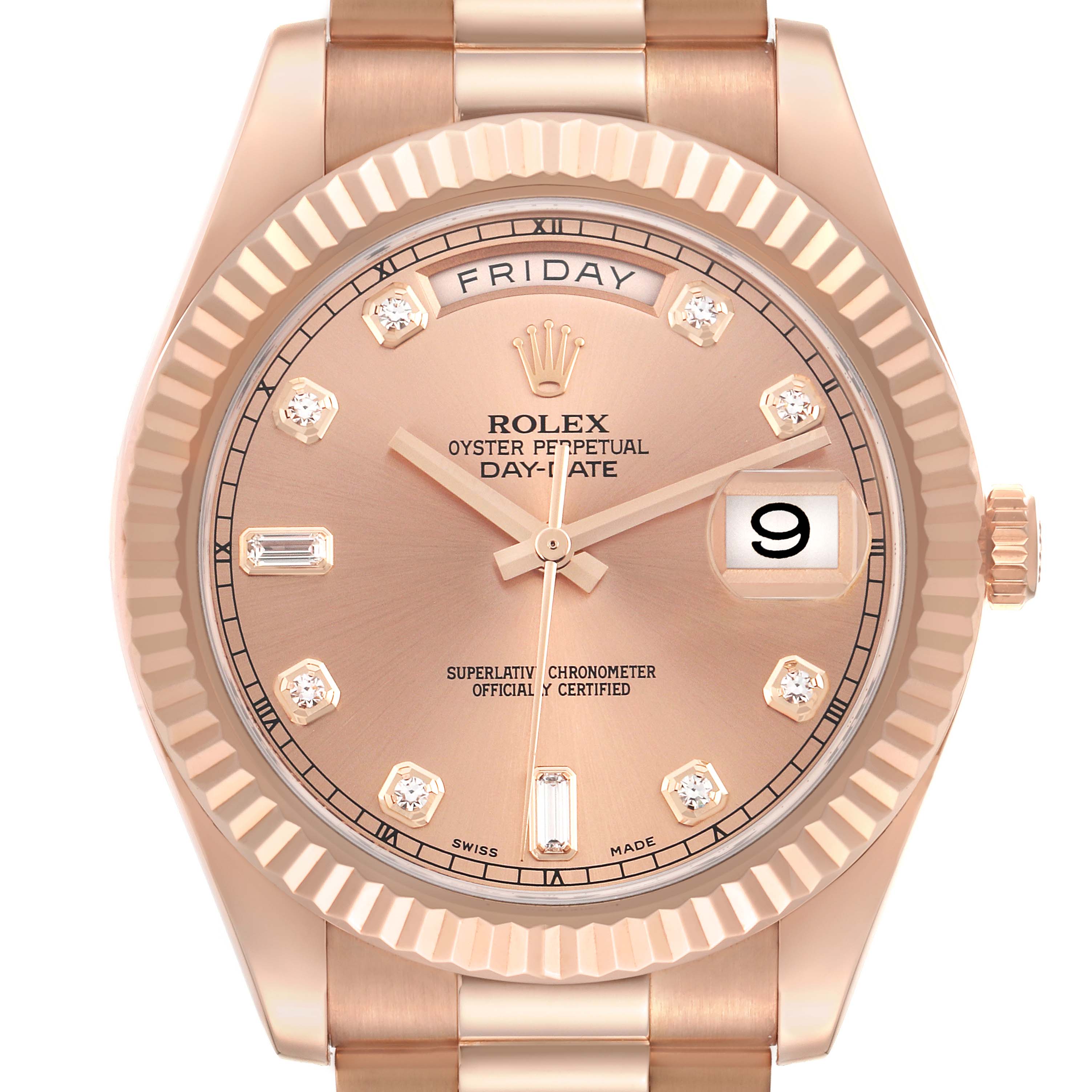 The Rolex President 218235 Men's Rose Gold Pink Dial 218235 Men's Rose Gold Pink Dial model is shown from the front, featuring the dial, hands, date window, day display, and fluted bezel.
