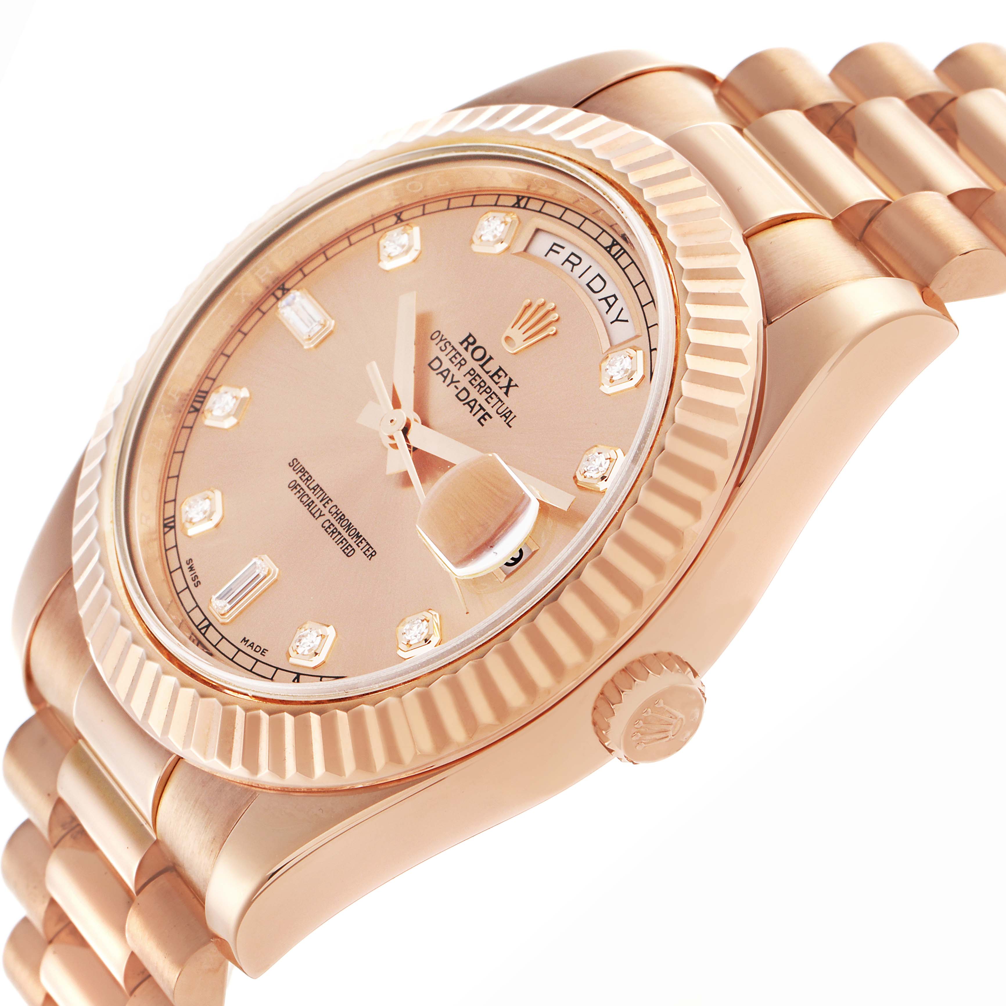 The Rolex President 218235 Men's Rose Gold Pink Dial 218235 Men's Rose Gold Pink Dial model is shown at a tilted angle, displaying the dial, bezel, crown, and bracelet.