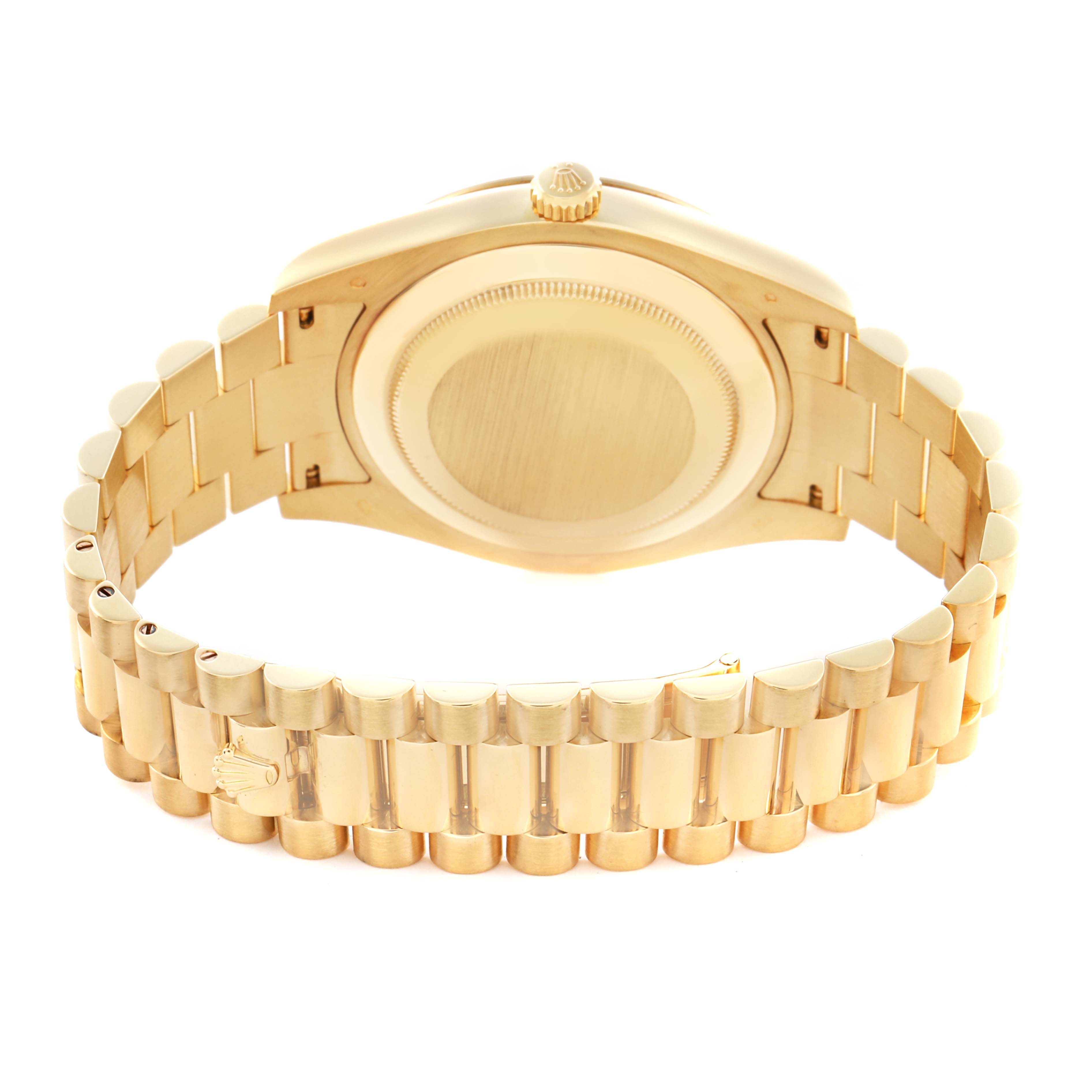 The Rolex President 218238 Men's Yellow Gold Champagne Dial 218238 Men's Yellow Gold Champagne Dial model watch is shown from the back, featuring the case back and bracelet.