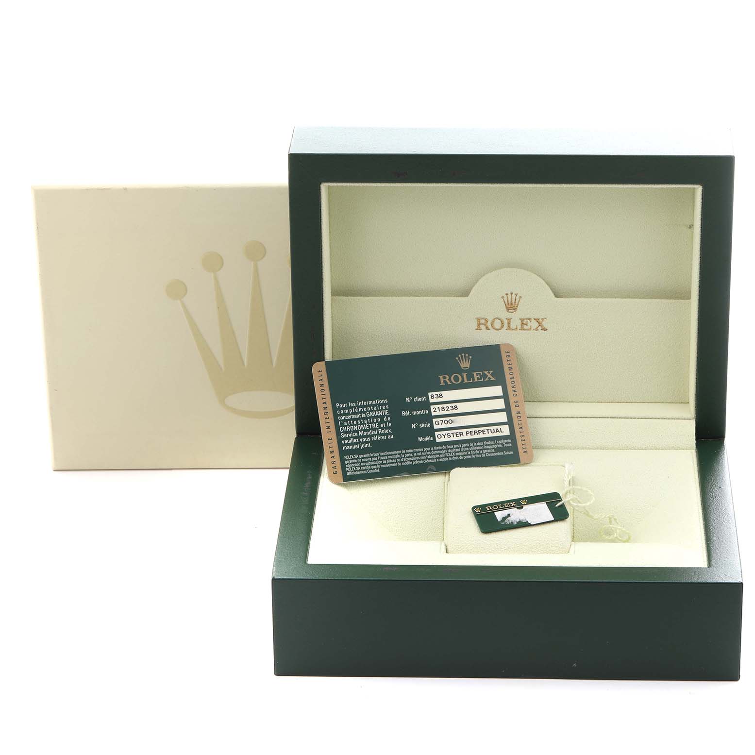 The image shows a Rolex President 218238 Men's Yellow Gold Champagne Dial 218238 Men's Yellow Gold Champagne Dial model watch box, warranty card, and tags from a front angle.