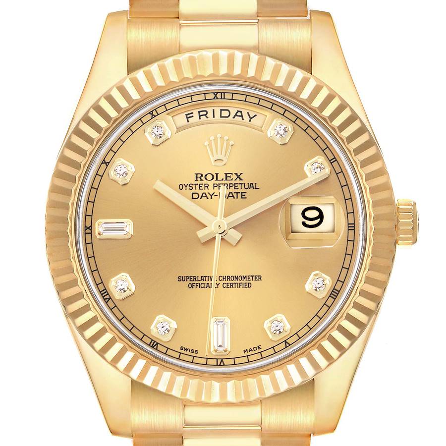 The Rolex President watch is shown from the front, highlighting the face, day-date complications, and fluted bezel.