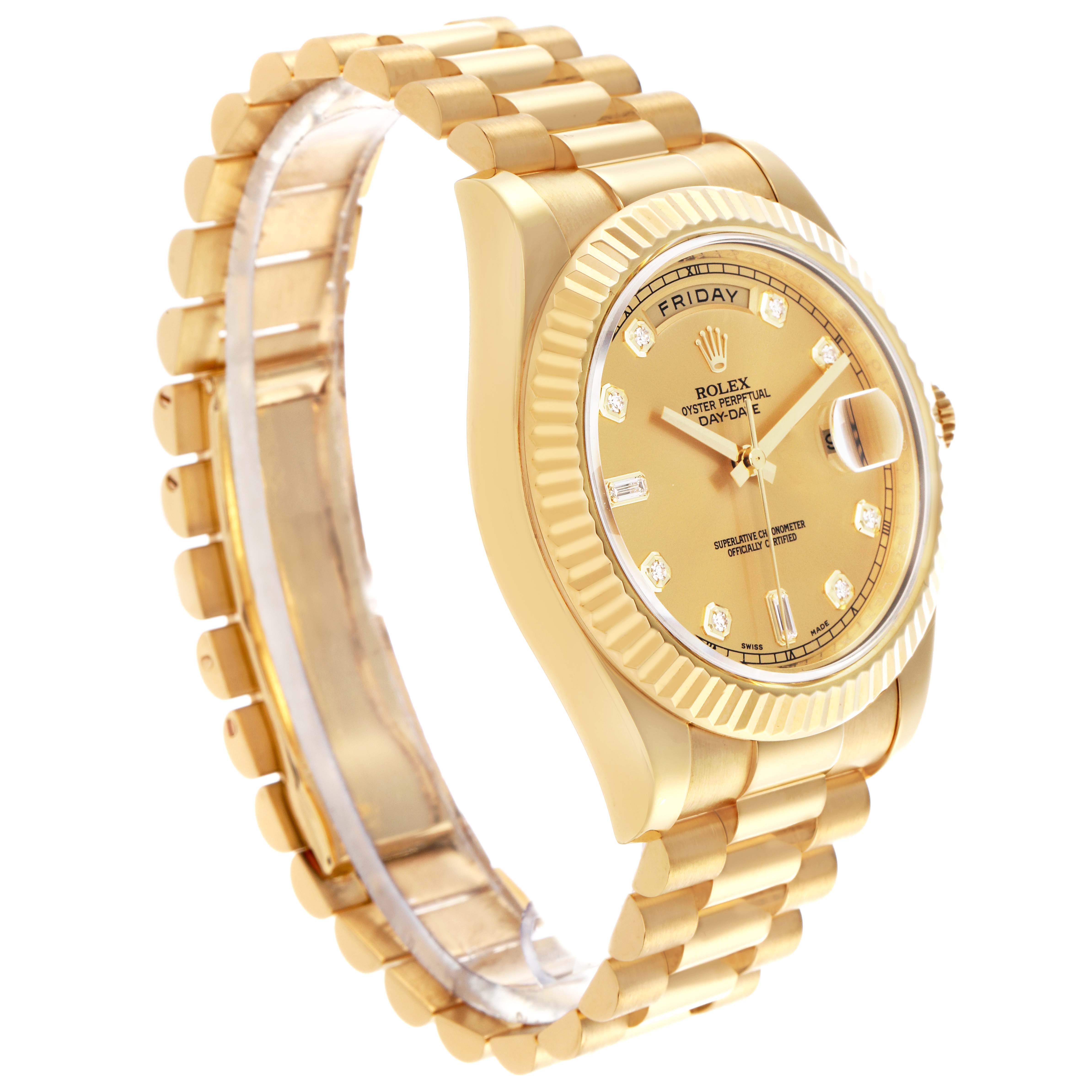 The Rolex President 218238 Men's Yellow Gold Champagne Dial 218238 Men's Yellow Gold Champagne Dial model watch is shown at a three-quarter angle, highlighting the bracelet, case, fluted bezel, and dial.