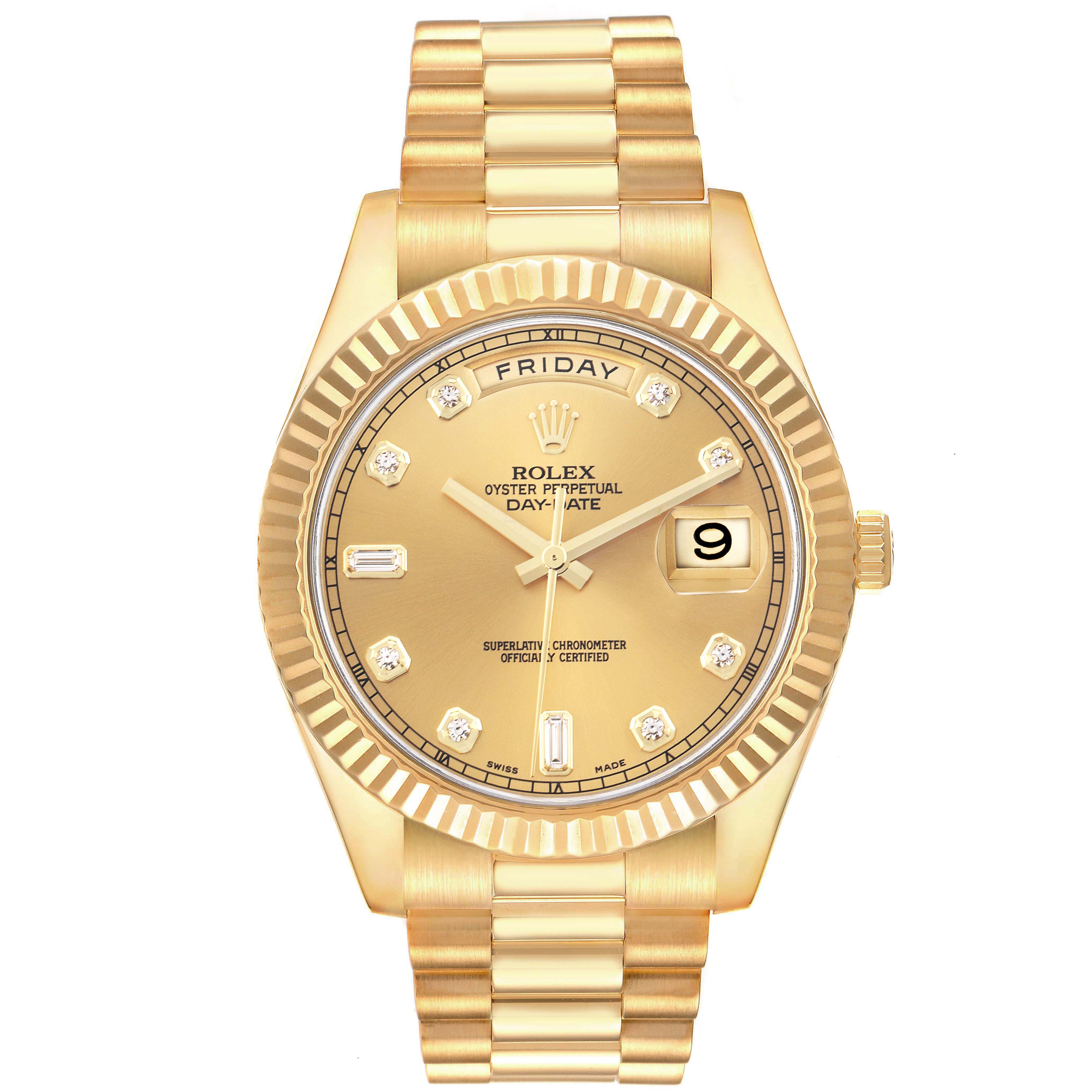 This image shows a frontal view of the Rolex President 218238 Men's Yellow Gold Champagne Dial 218238 Men's Yellow Gold Champagne Dial model watch, highlighting the gold dial, fluted bezel, day-date display, and bracelet.