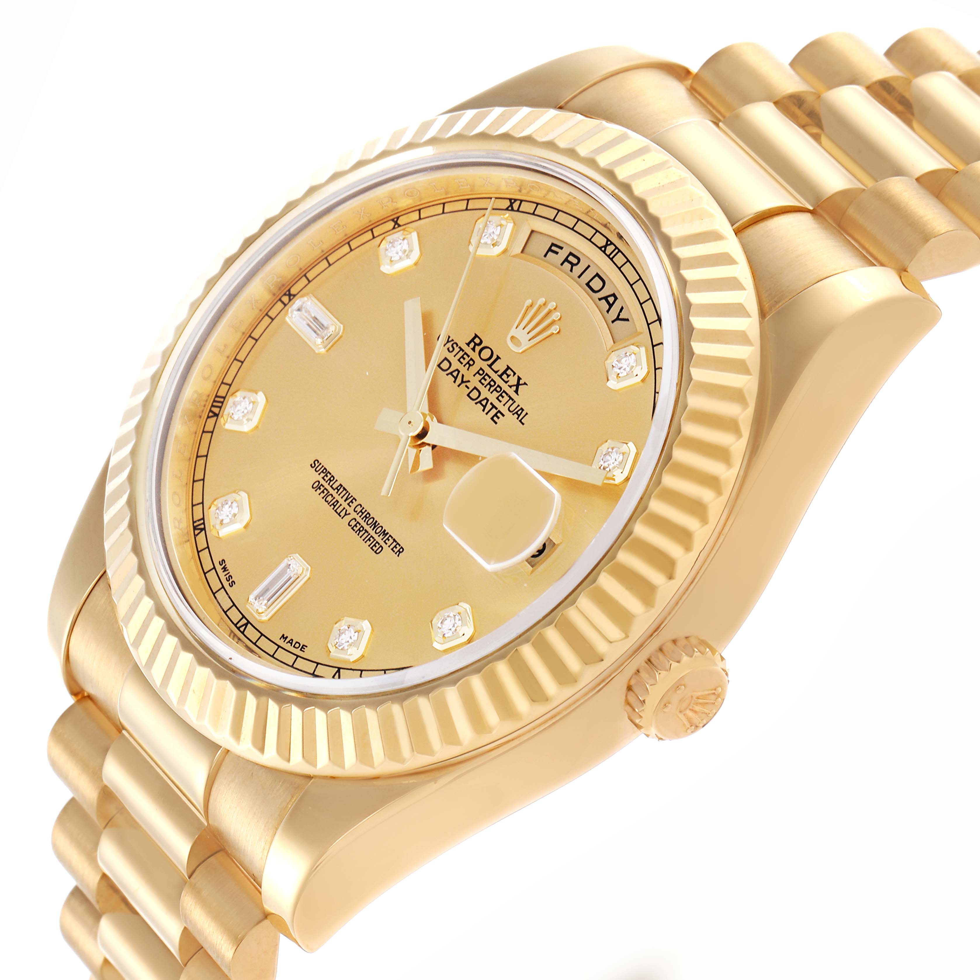 The image shows a Rolex President 218238 Men's Yellow Gold Champagne Dial 218238 Men's Yellow Gold Champagne Dial model from an angled side view, highlighting the gold dial, bezel, and bracelet.