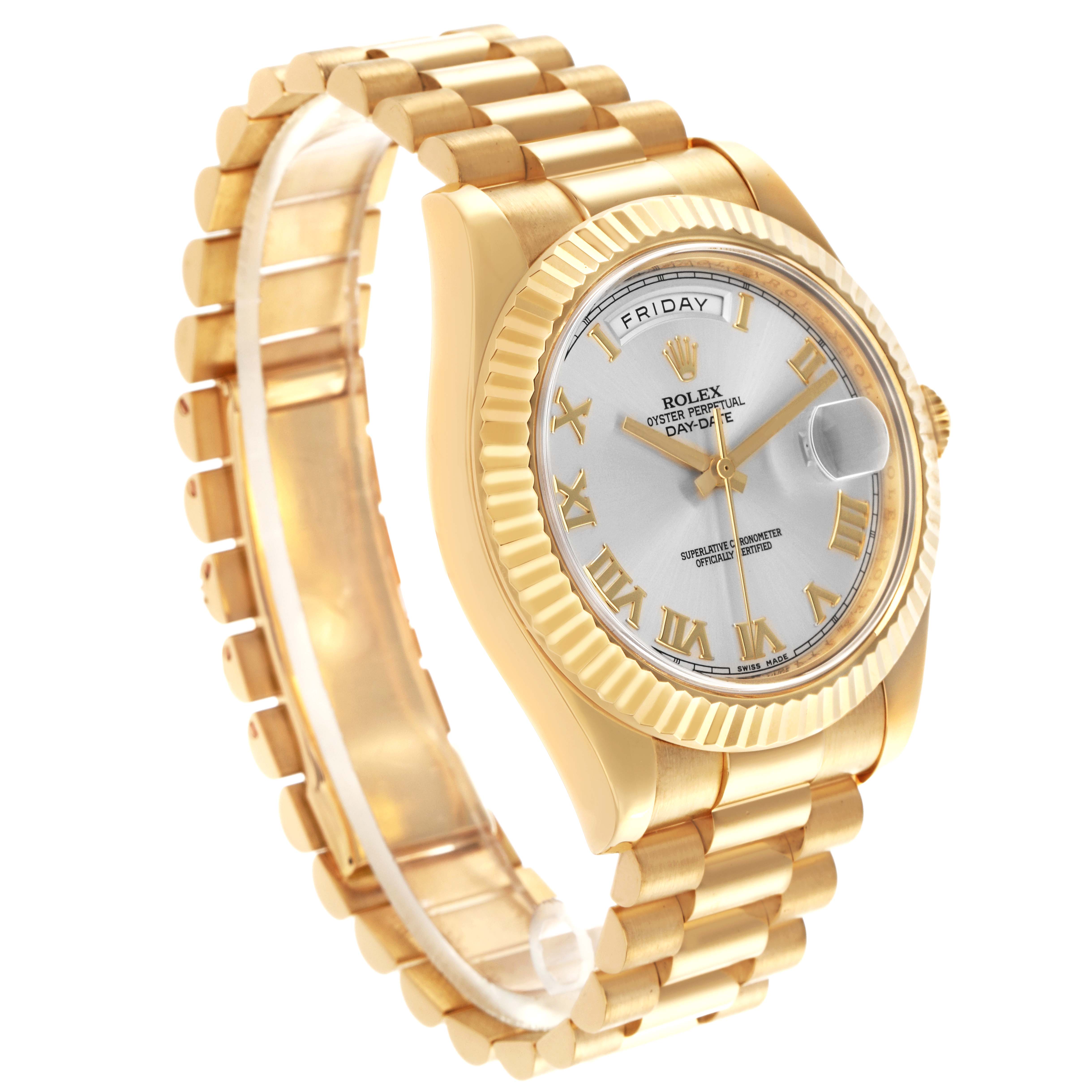 The image shows a side angle of the Rolex President 218238 Men
s Yellow Gold Silver Dial 218238 Men
s Yellow Gold Silver Dial model, highlighting the gold case, bracelet, dial, and fluted bezel.