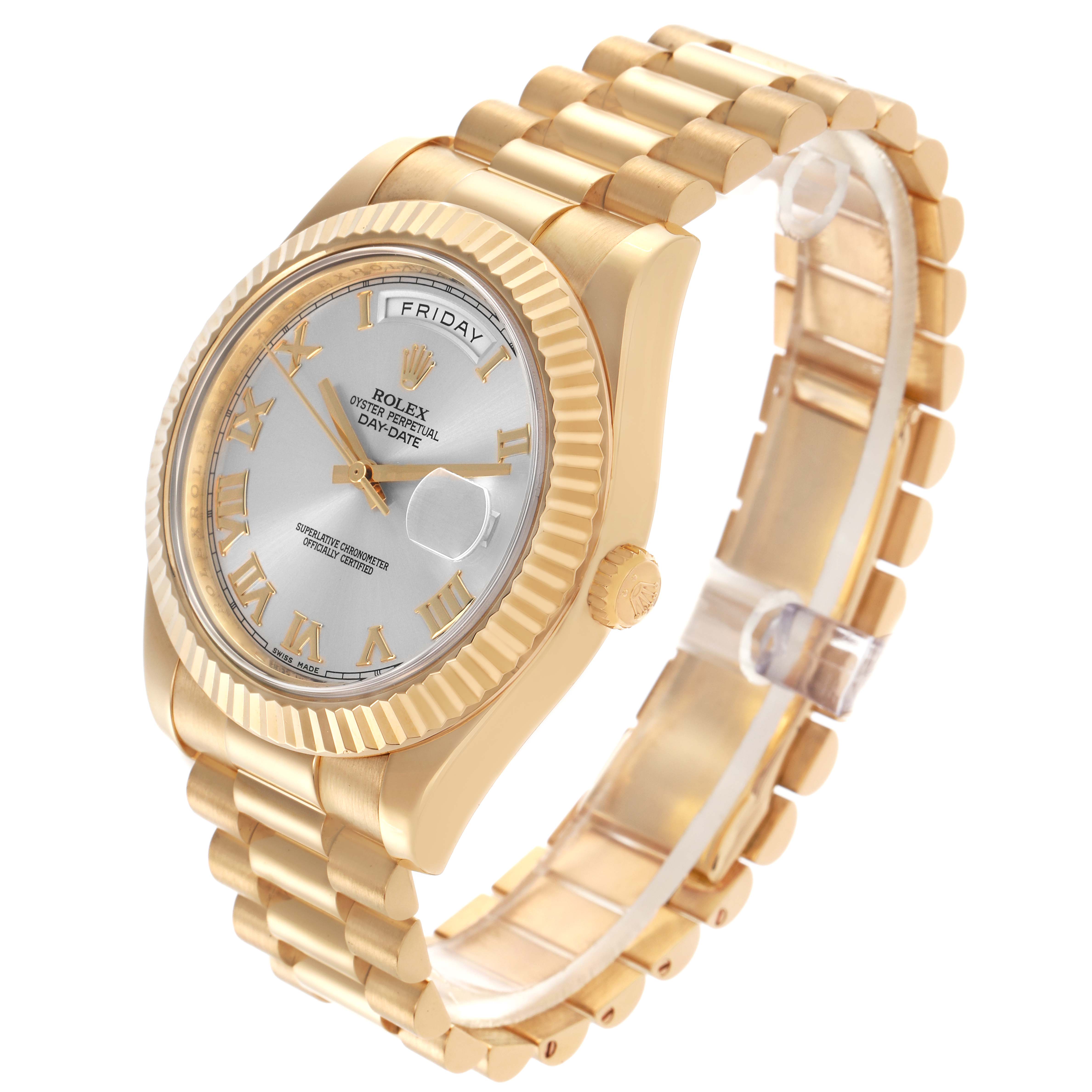 The Rolex President 218238 Men
s Yellow Gold Silver Dial 218238 Men
s Yellow Gold Silver Dial model is shown at a three-quarter angle, displaying its gold bracelet, fluted bezel, and dial with day and date features.