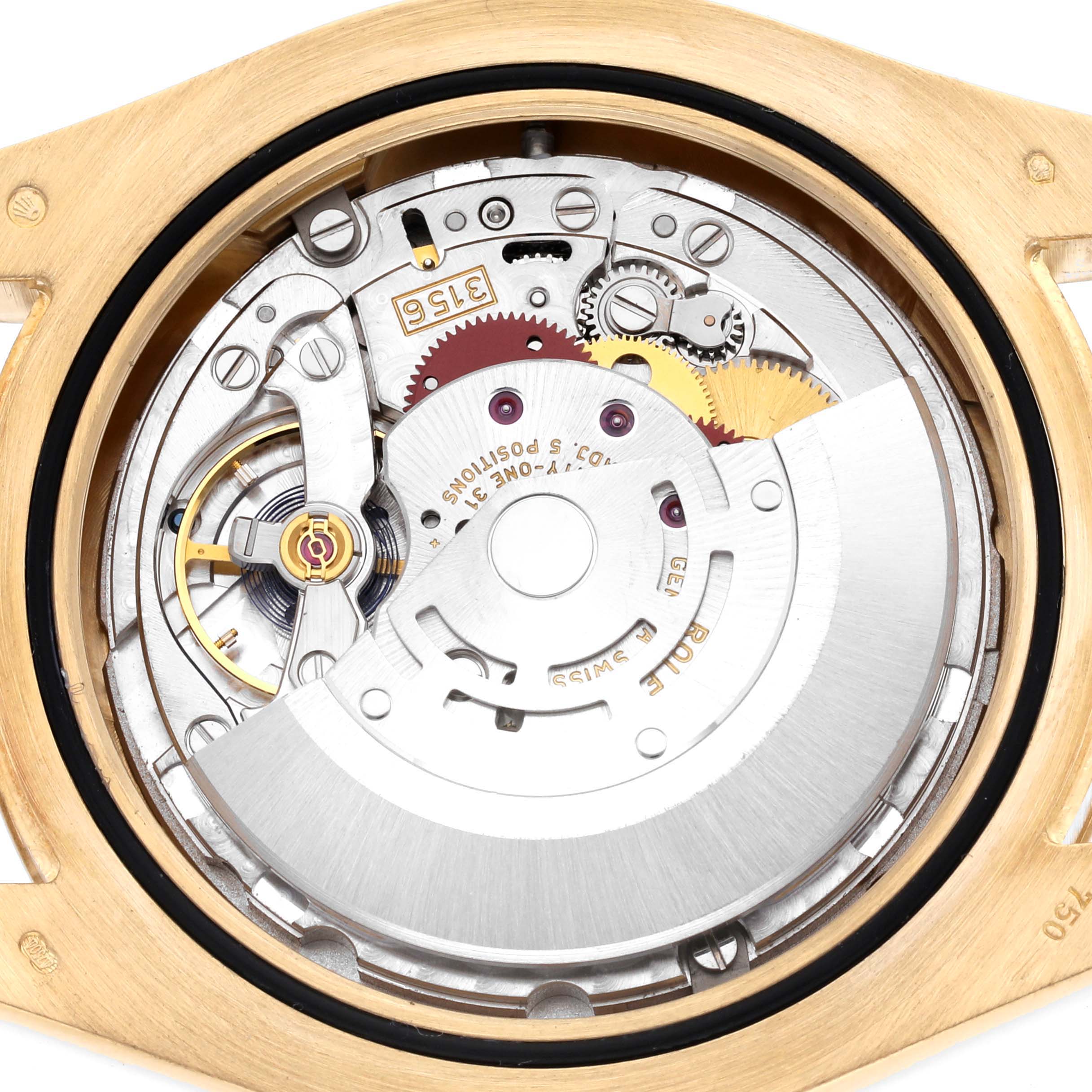 The image shows the back view of a Rolex President 218238 Men
s Yellow Gold Silver Dial 218238 Men
s Yellow Gold Silver Dial model watch, revealing its intricate movement and rotor.