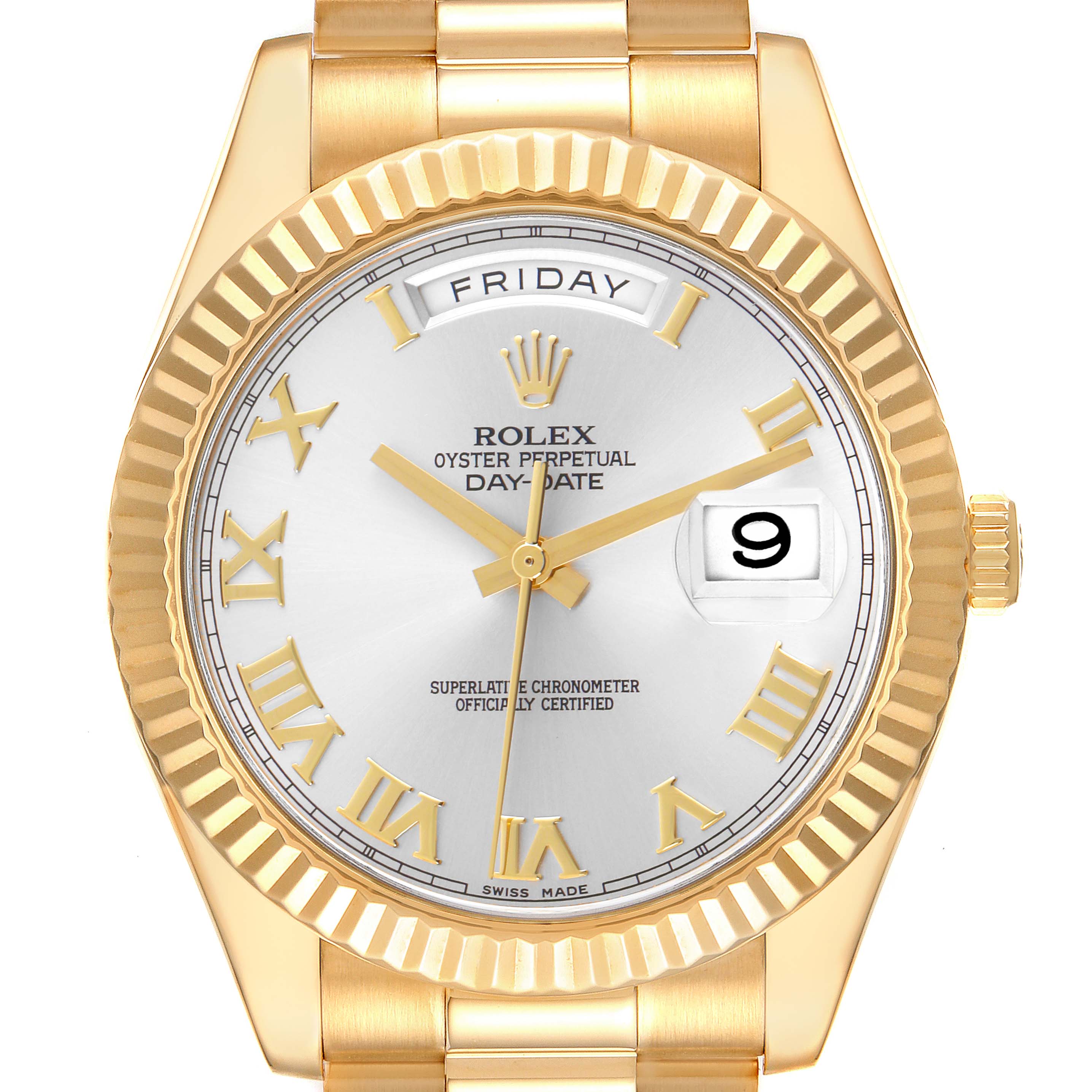 The Rolex President 218238 Men
s Yellow Gold Silver Dial 218238 Men
s Yellow Gold Silver Dial watch is shown from the front, highlighting the dial, bezel, crown, day, and date features.