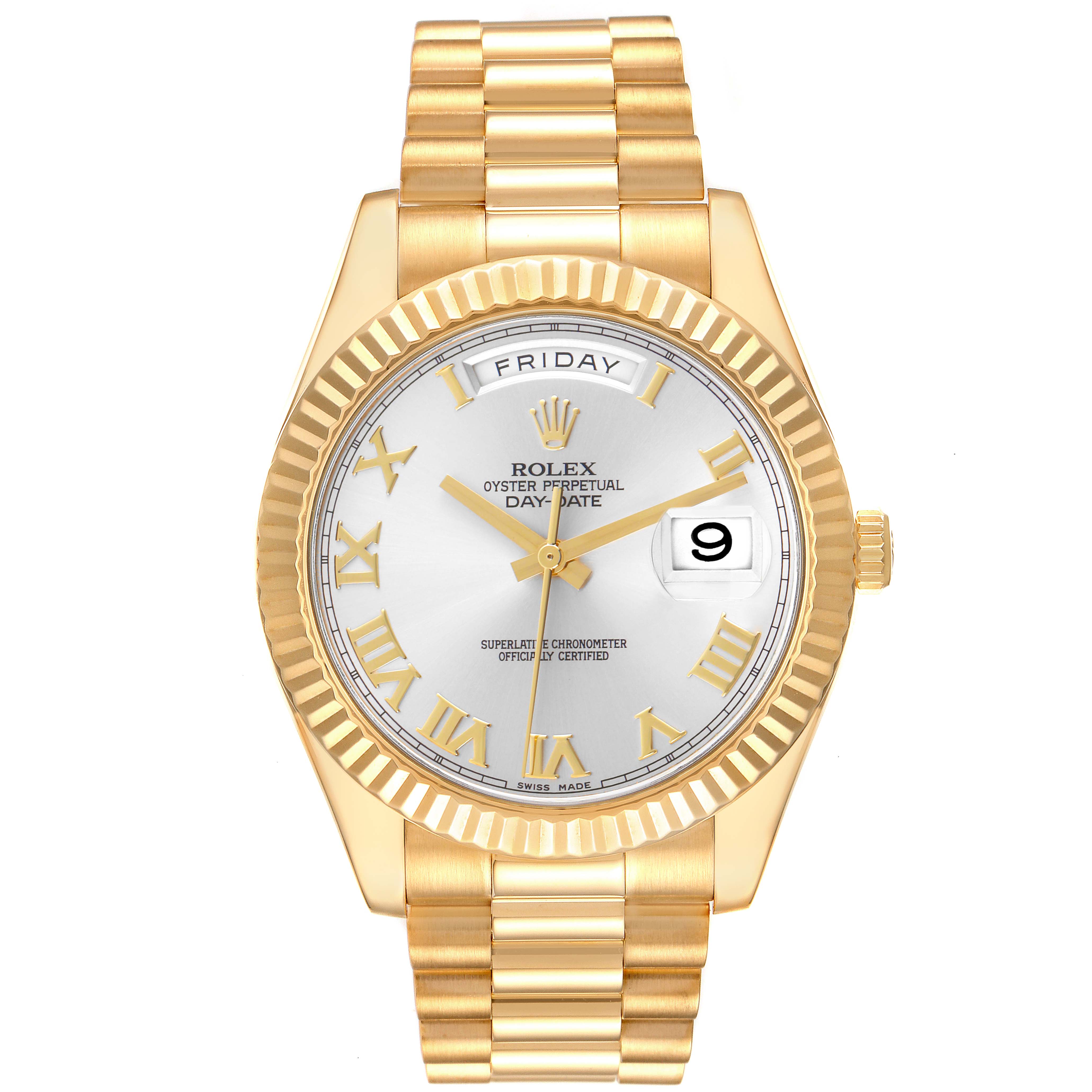 The Rolex President 218238 Men
s Yellow Gold Silver Dial 218238 Men
s Yellow Gold Silver Dial model is shown from a top-down angle, displaying the dial, fluted bezel, day and date windows, and full bracelet.