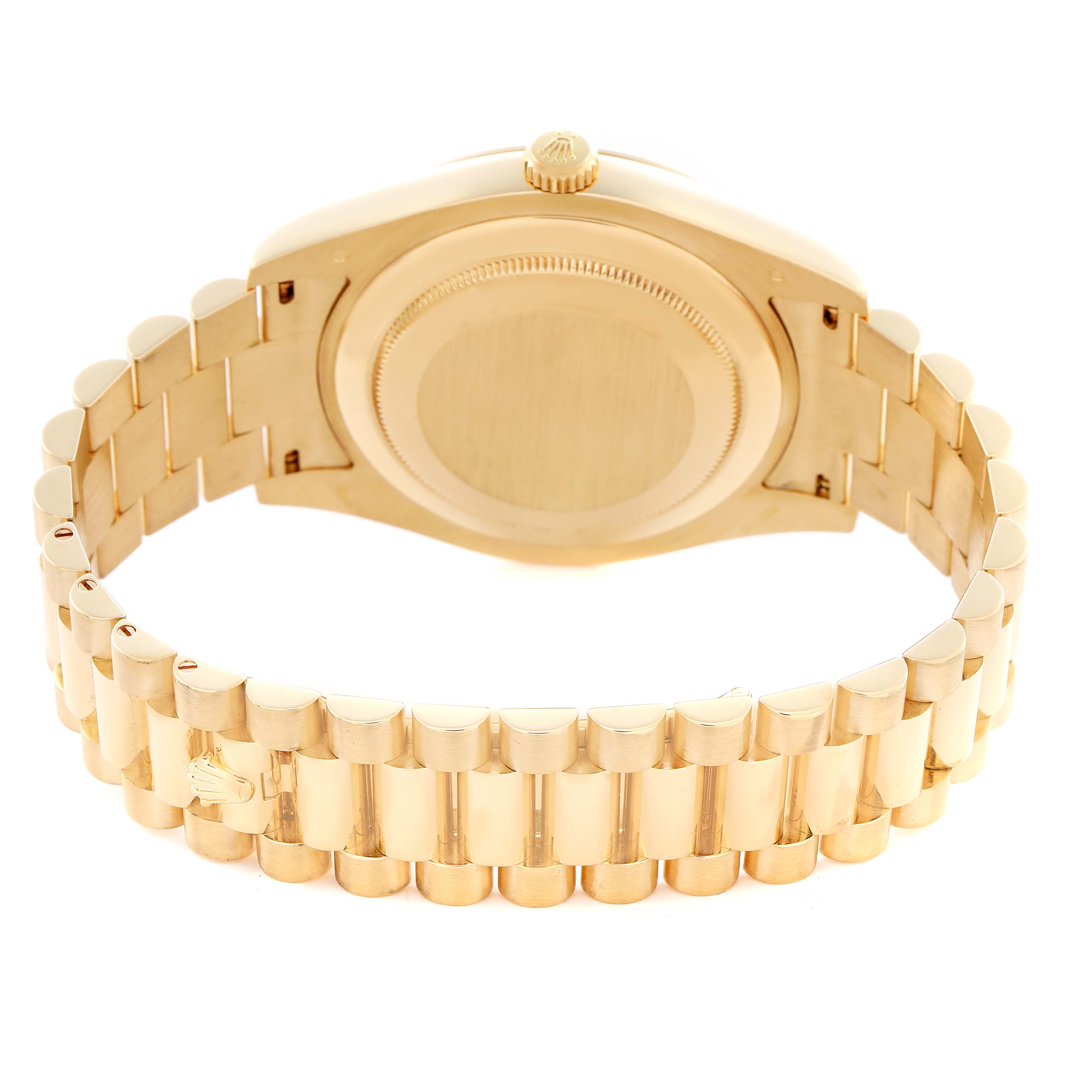 The image shows the back and bracelet of a Rolex President 218238 Men
s Yellow Gold Silver Dial 218238 Men
s Yellow Gold Silver Dial model, highlighting its gold finish and clasp.