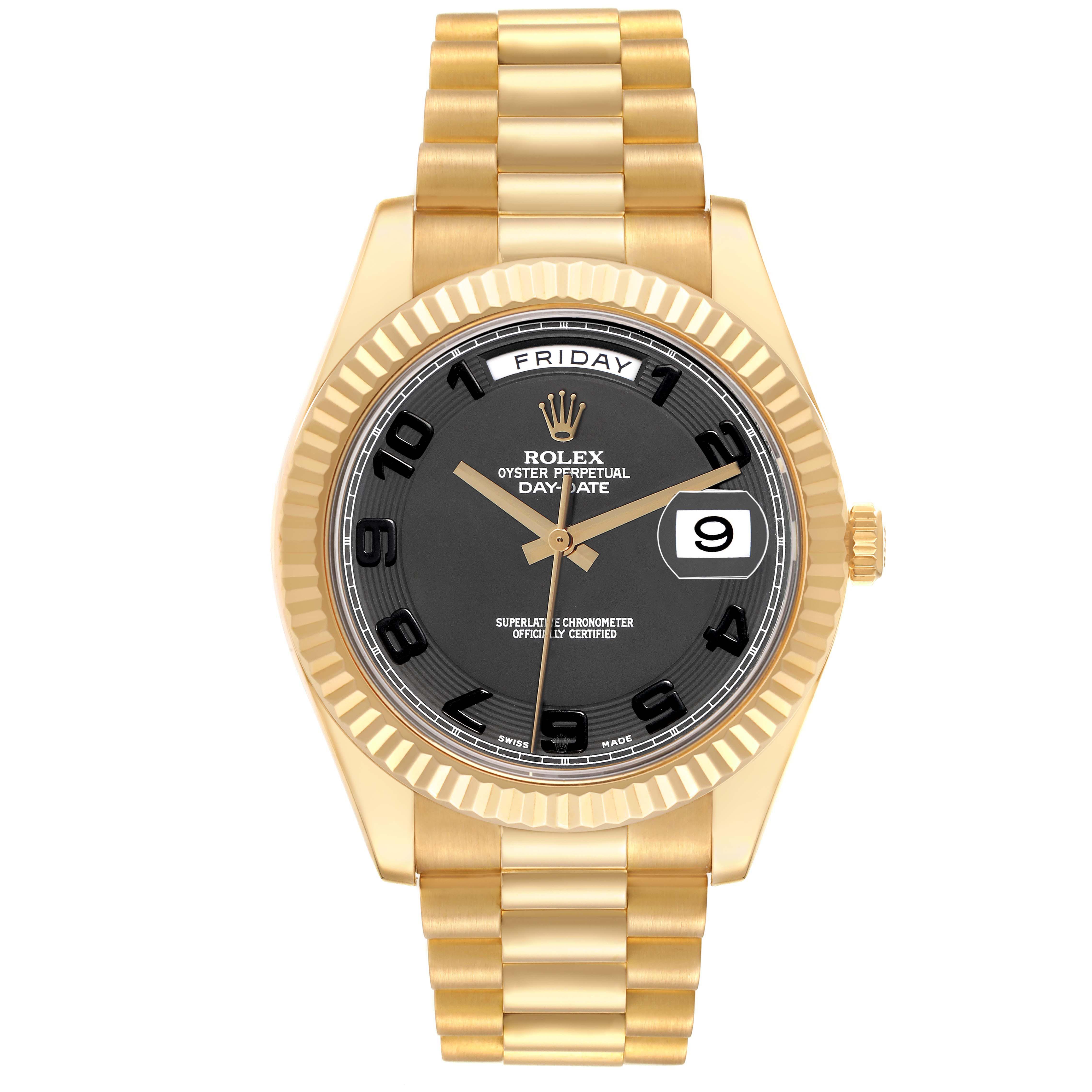 The Rolex President 218238 Men's Yellow Gold Black Dial 218238 Men's Yellow Gold Black Dial model watch is shown from the front, displaying the dial, fluted bezel, bracelet, and crown.