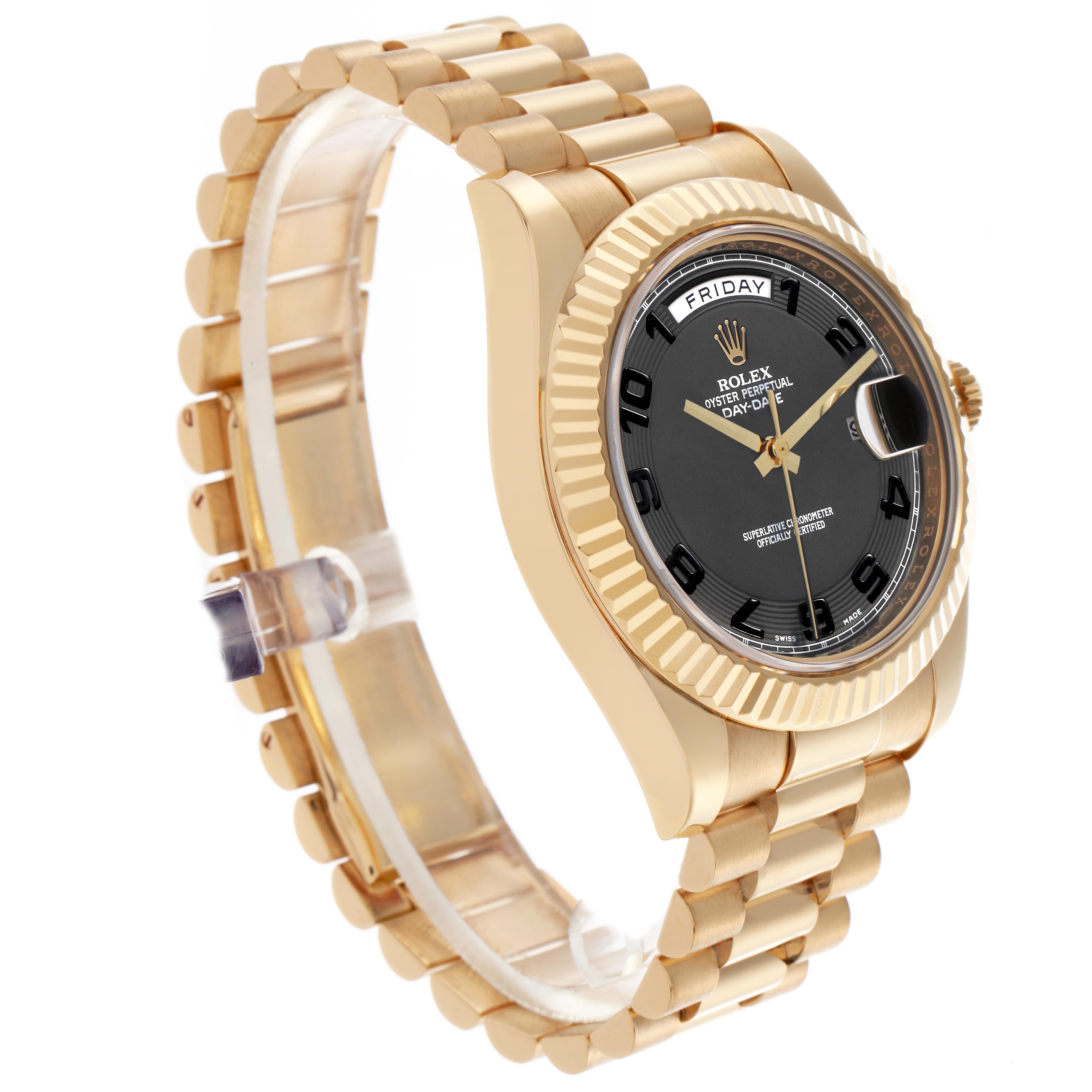 The image shows a Rolex President 218238 Men's Yellow Gold Black Dial 218238 Men's Yellow Gold Black Dial model watch at a three-quarter angle, highlighting its gold bezel, black dial, and bracelet.