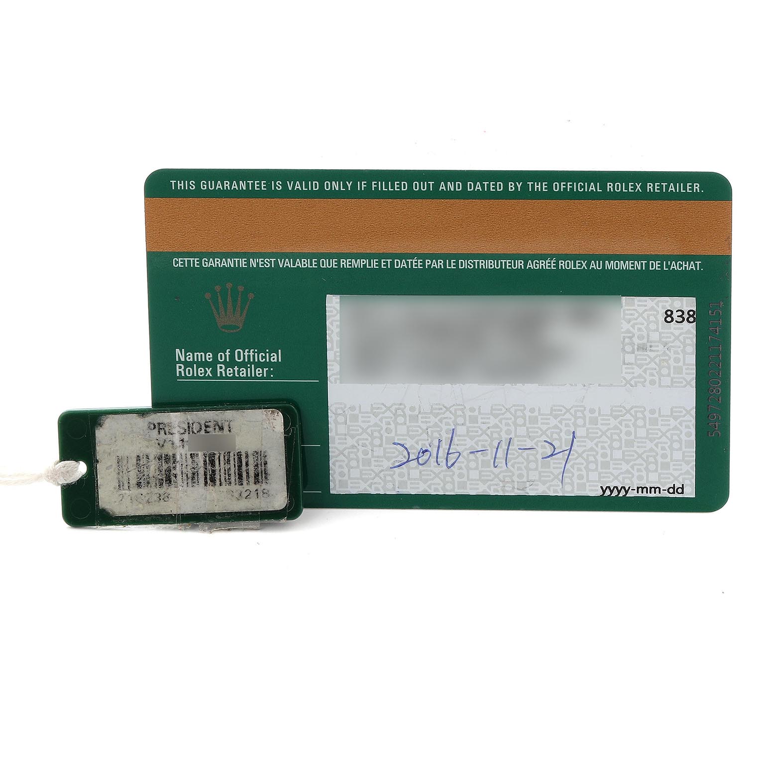 The image shows a Rolex President 218238 Men's Yellow Gold Black Dial 218238 Men's Yellow Gold Black Dial model warranty card and tag, viewed from the front.