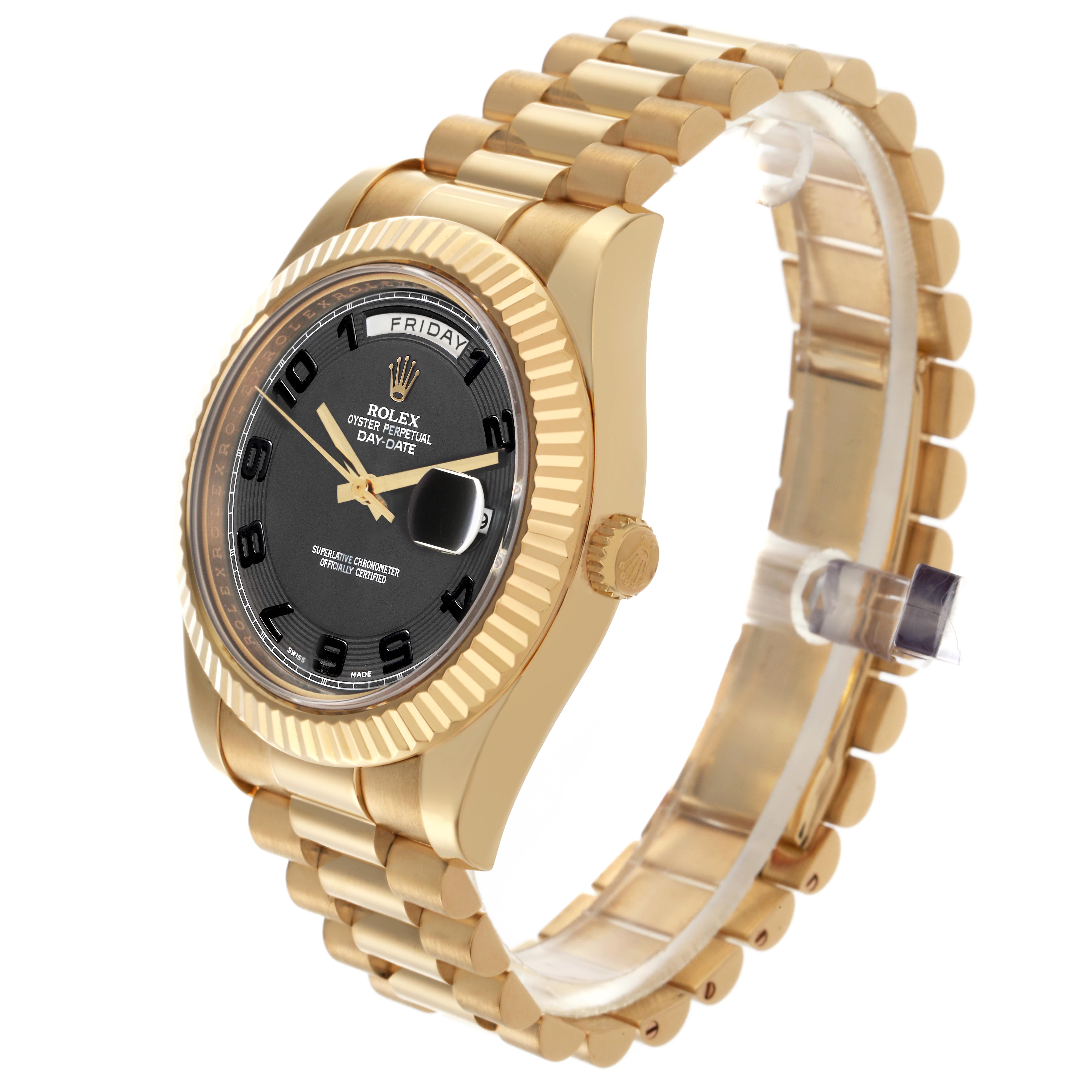 The Rolex President 218238 Men's Yellow Gold Black Dial 218238 Men's Yellow Gold Black Dial model is shown at a three-quarter angle, featuring the watch face, bezel, and bracelet.