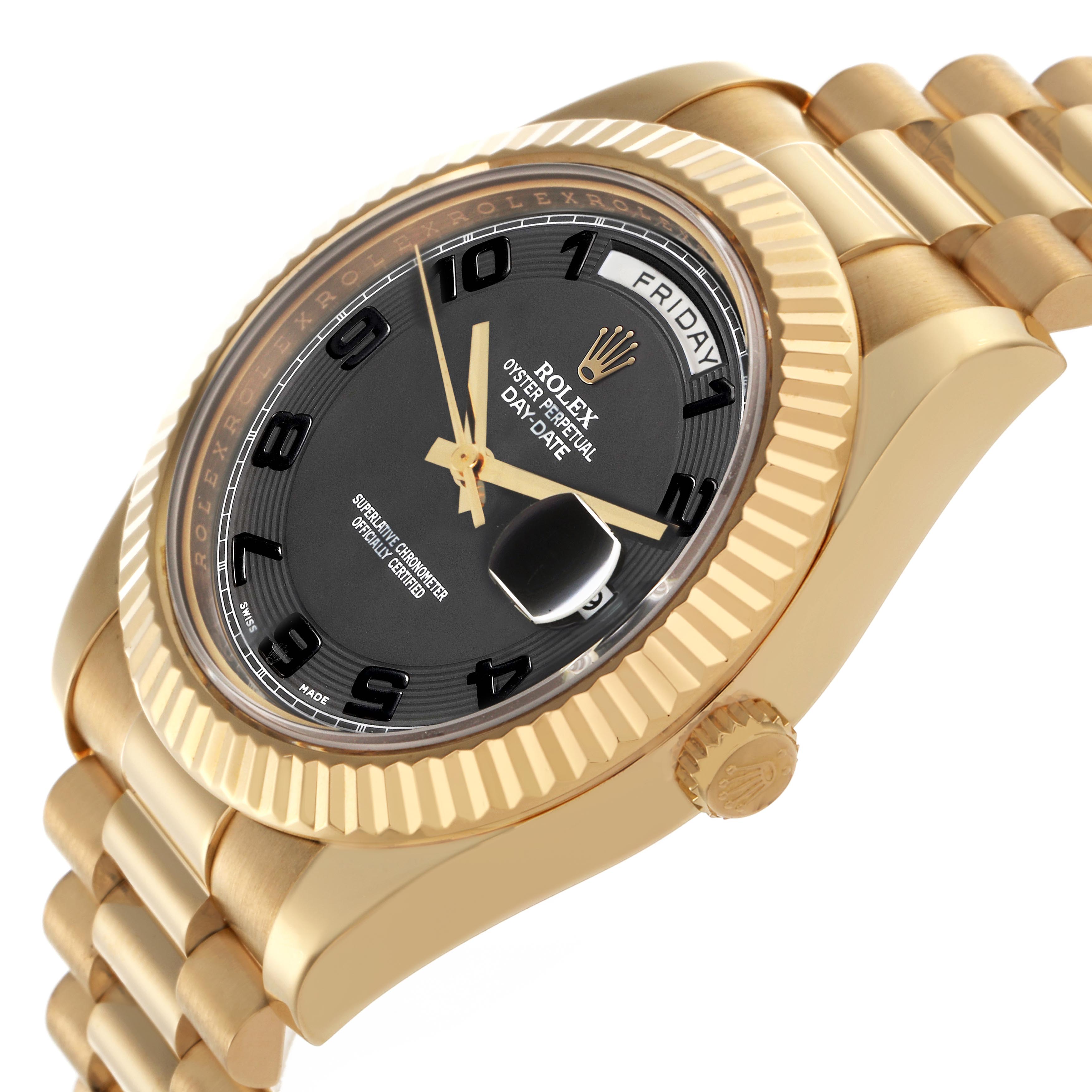 The Rolex President 218238 Men's Yellow Gold Black Dial 218238 Men's Yellow Gold Black Dial model is shown at an angle highlighting its gold case, fluted bezel, black dial, and bracelet.
