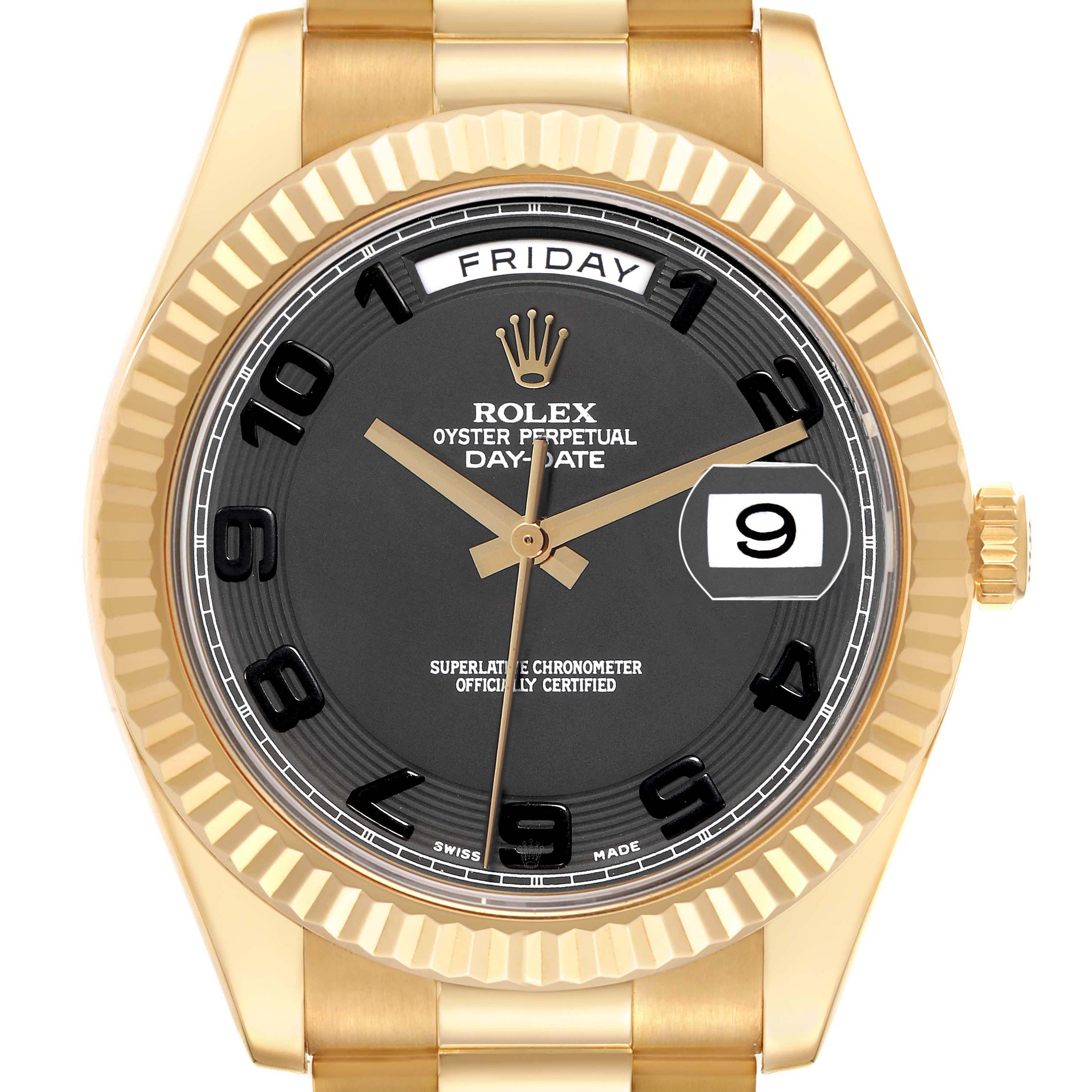 The image shows a Rolex President 218238 Men's Yellow Gold Black Dial 218238 Men's Yellow Gold Black Dial watch from a front angle, highlighting the gold case, black dial, day, and date features.