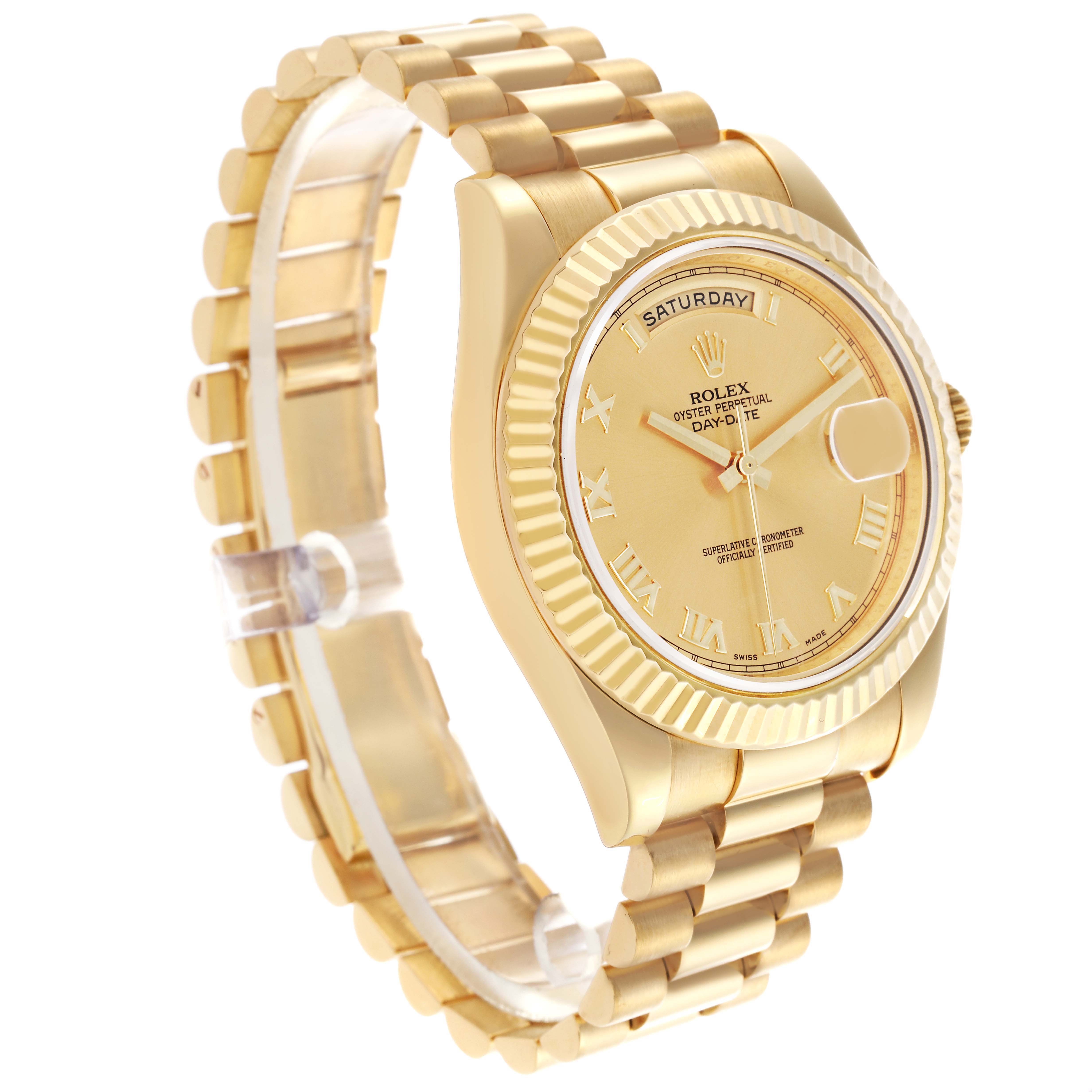 The Rolex President 218238 Men's Yellow Gold Champagne Dial 218238 Men's Yellow Gold Champagne Dial model watch is shown at an angled side view, highlighting the face, fluted bezel, and bracelet.
